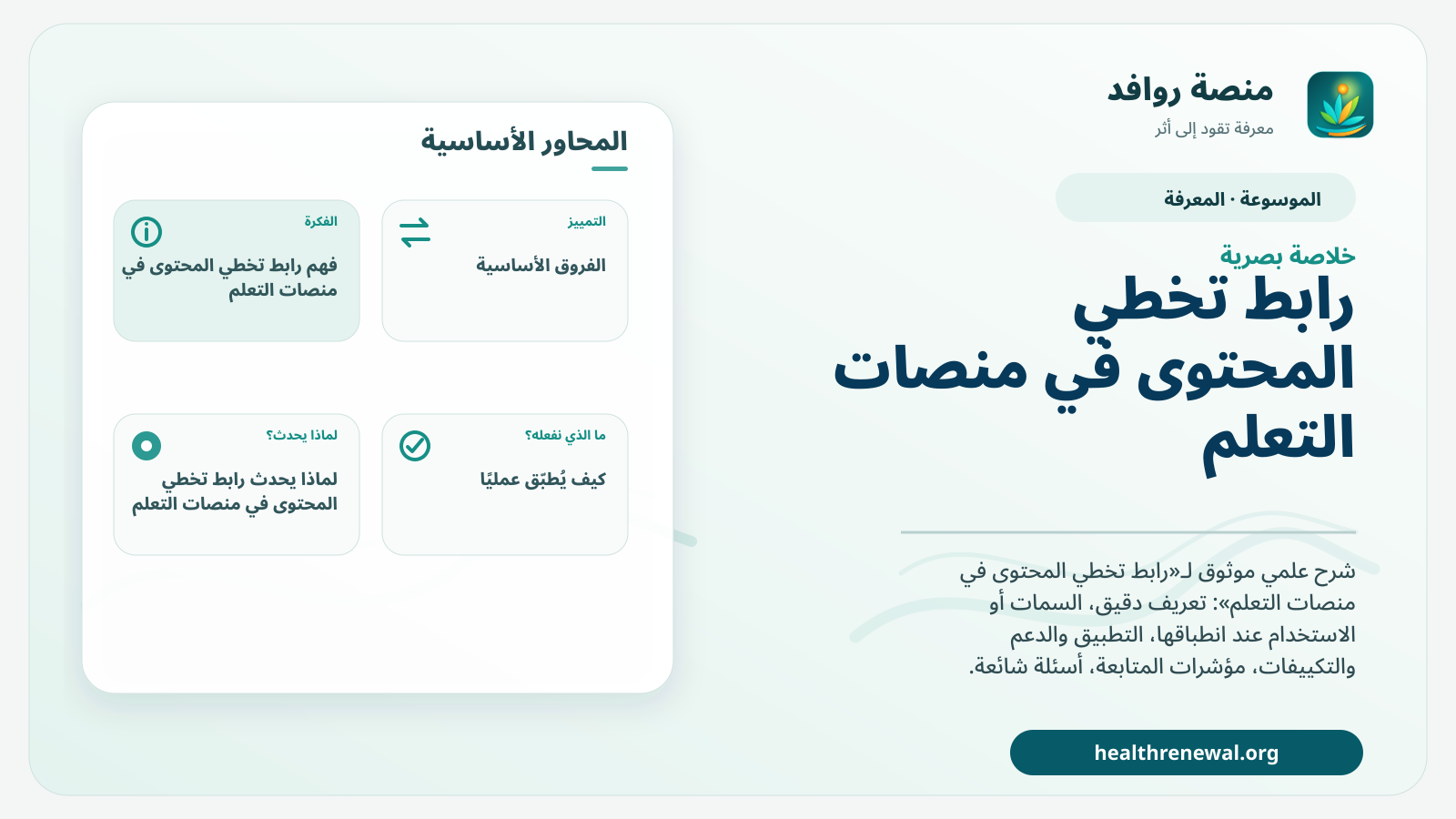صورة بارزة من منصة روافد تلخص «رابط تخطي المحتوى في منصات التعلم» بصريًا وفق محاور الصفحة الأساسية