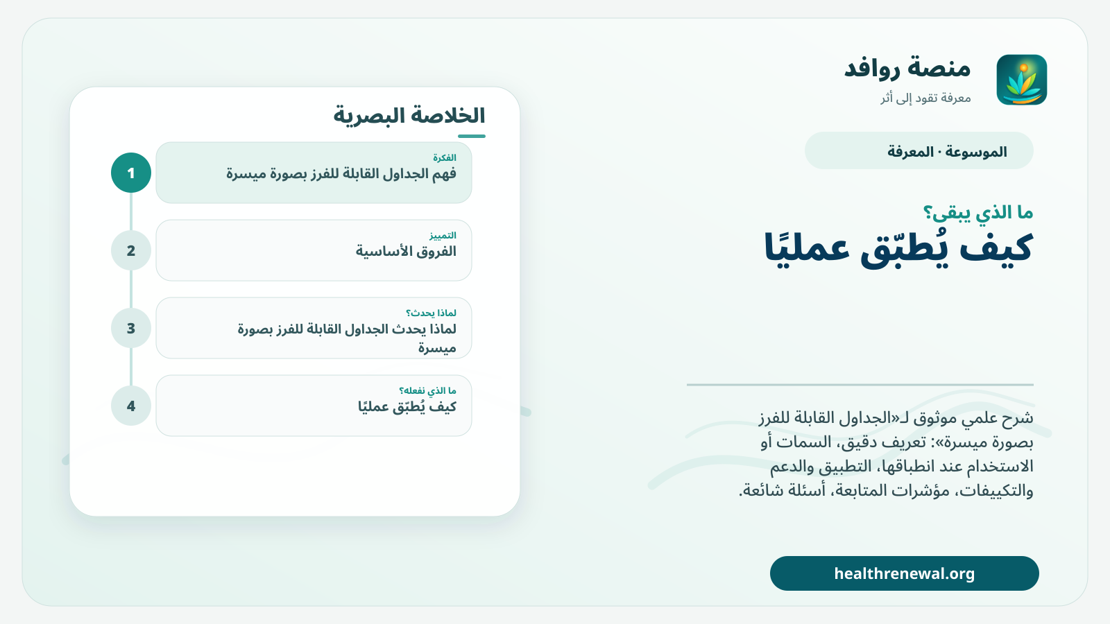 مخطط ختامي من منصة روافد يلخص «الجداول القابلة للفرز بصورة ميسرة» ويعرض أهم المحاور والخطوات التالية