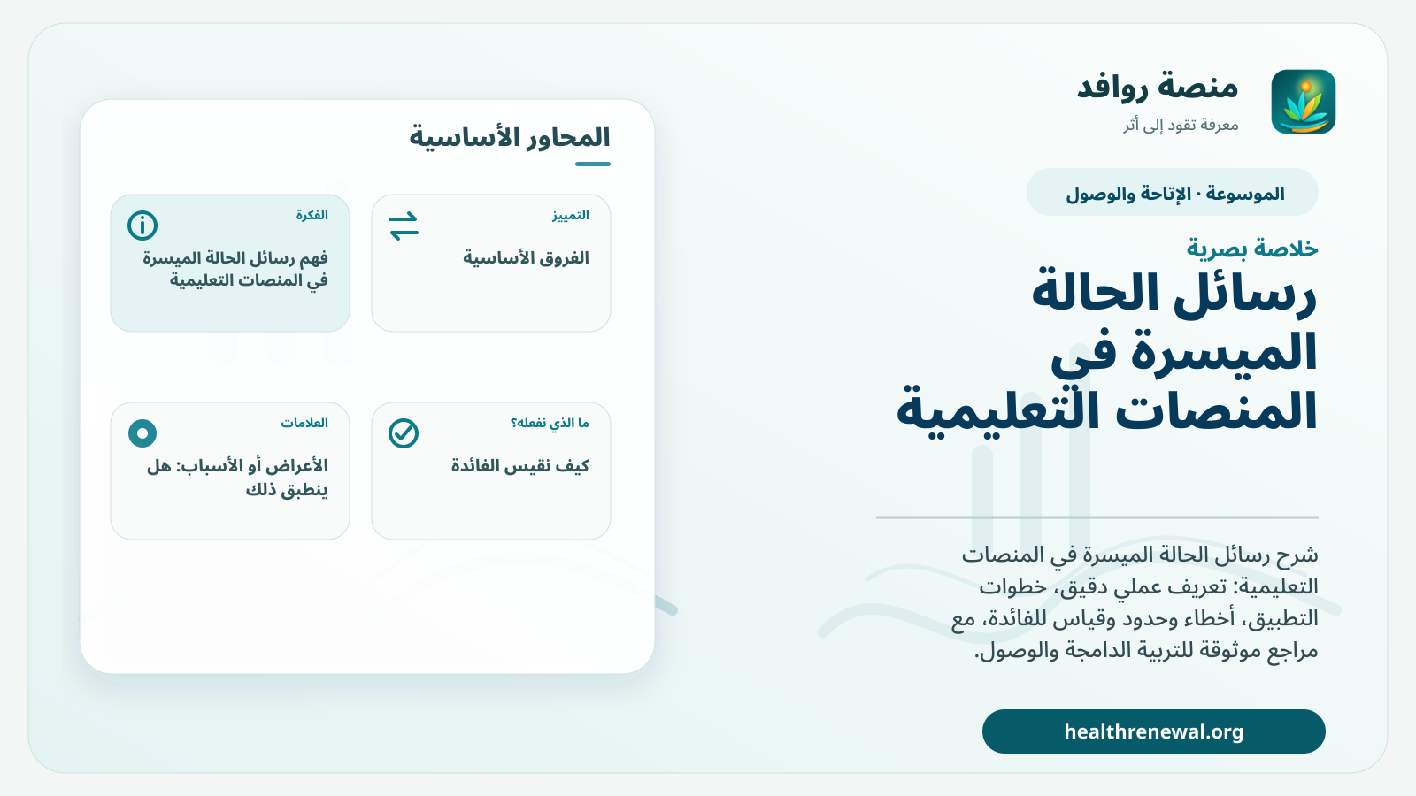صورة بارزة من منصة روافد تلخص «رسائل الحالة الميسرة في المنصات التعليمية» بصريًا وفق محاور الصفحة الأساسية