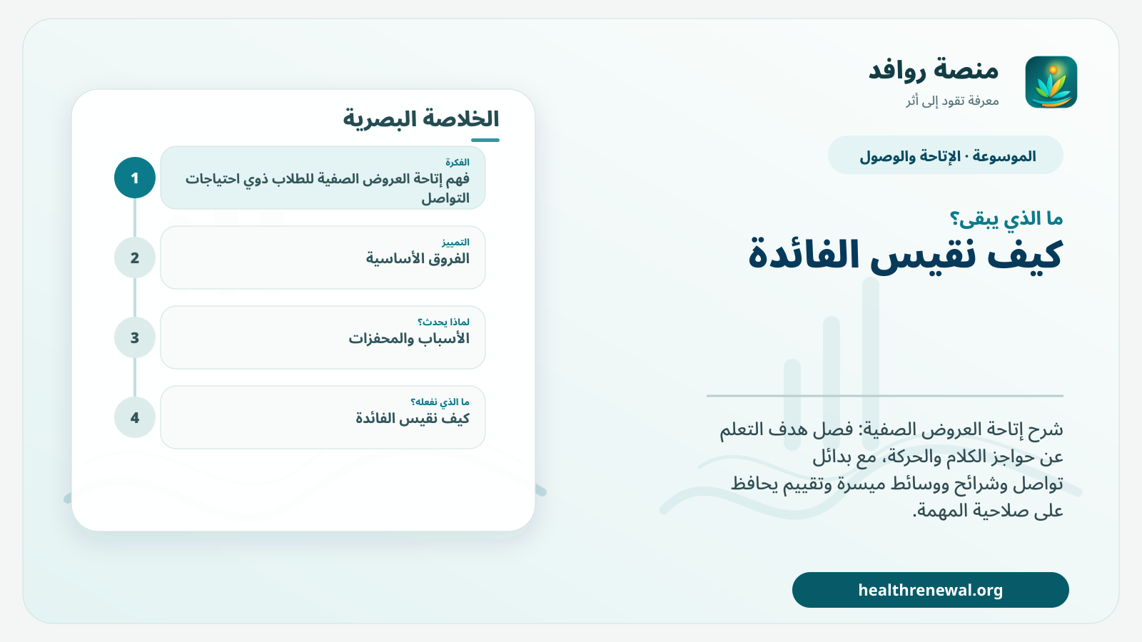 مخطط ختامي من منصة روافد يلخص «إتاحة العروض الصفية للطلاب ذوي احتياجات التواصل والحركة» ويعرض أهم المحاور والخطوات التالية