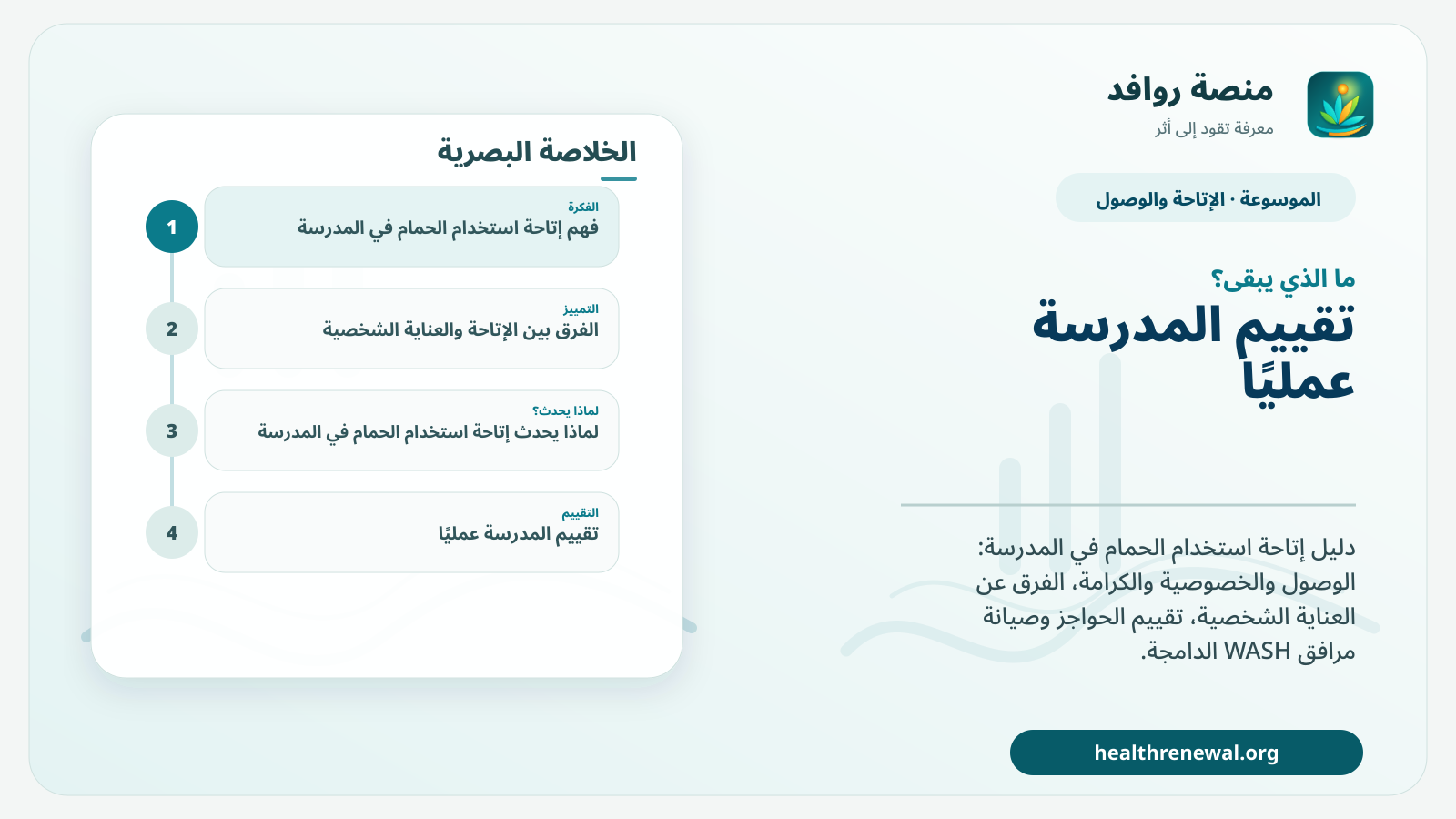 مخطط ختامي من منصة روافد يلخص «إتاحة استخدام الحمام في المدرسة» ويعرض أهم المحاور والخطوات التالية