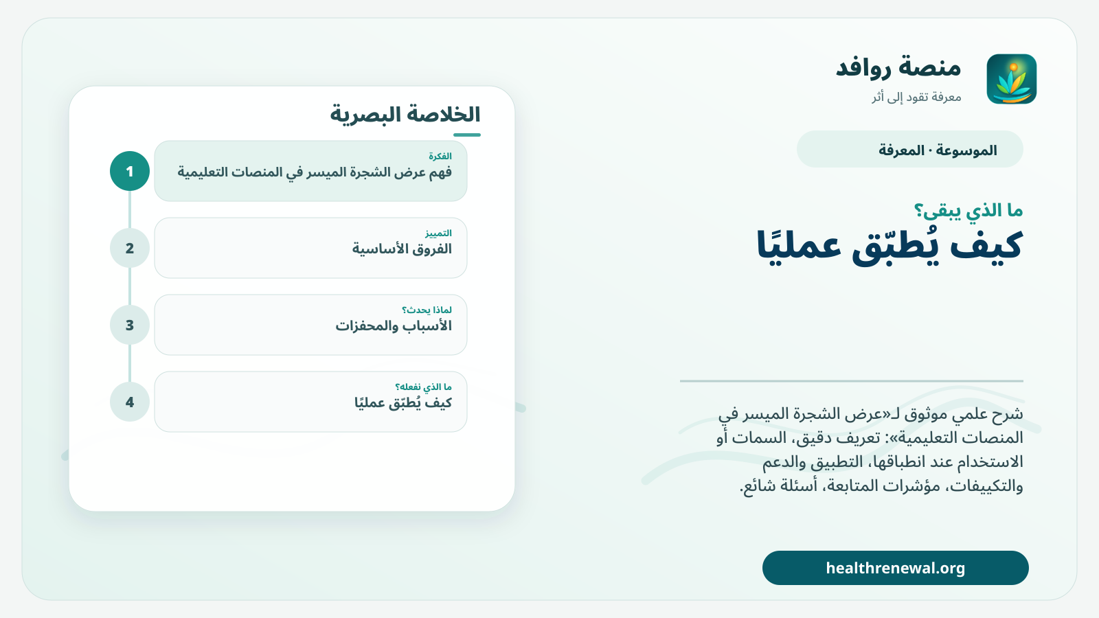 مخطط ختامي من منصة روافد يلخص «عرض الشجرة الميسر في المنصات التعليمية» ويعرض أهم المحاور والخطوات التالية
