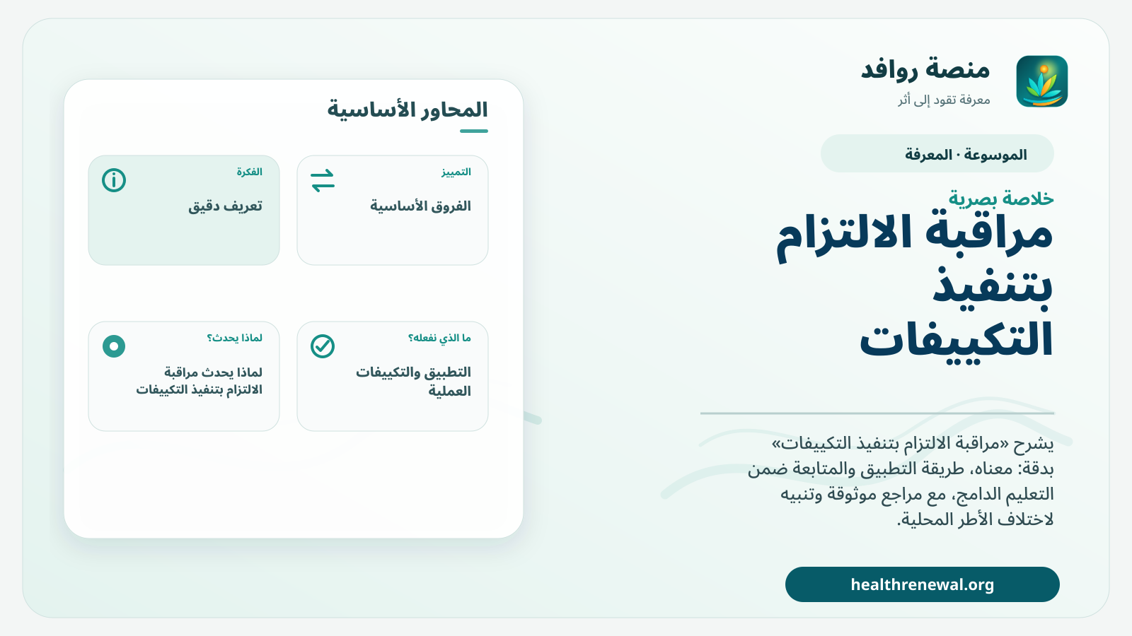 صورة بارزة من منصة روافد تلخص «مراقبة الالتزام بتنفيذ التكييفات» بصريًا وفق محاور الصفحة الأساسية