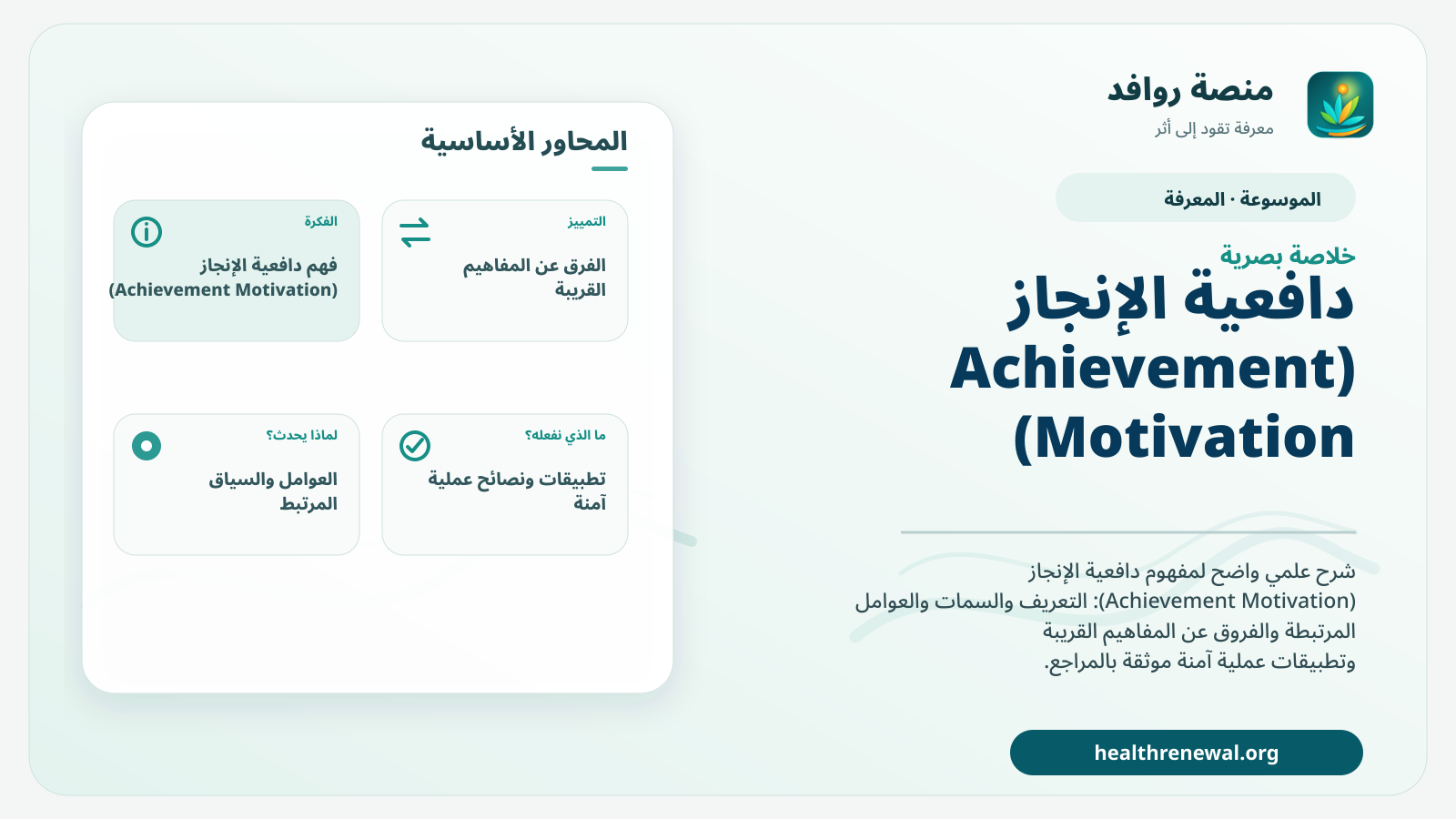 صورة بارزة من منصة روافد تلخص «دافعية الإنجاز (Achievement Motivation)» بصريًا وفق محاور الصفحة الأساسية