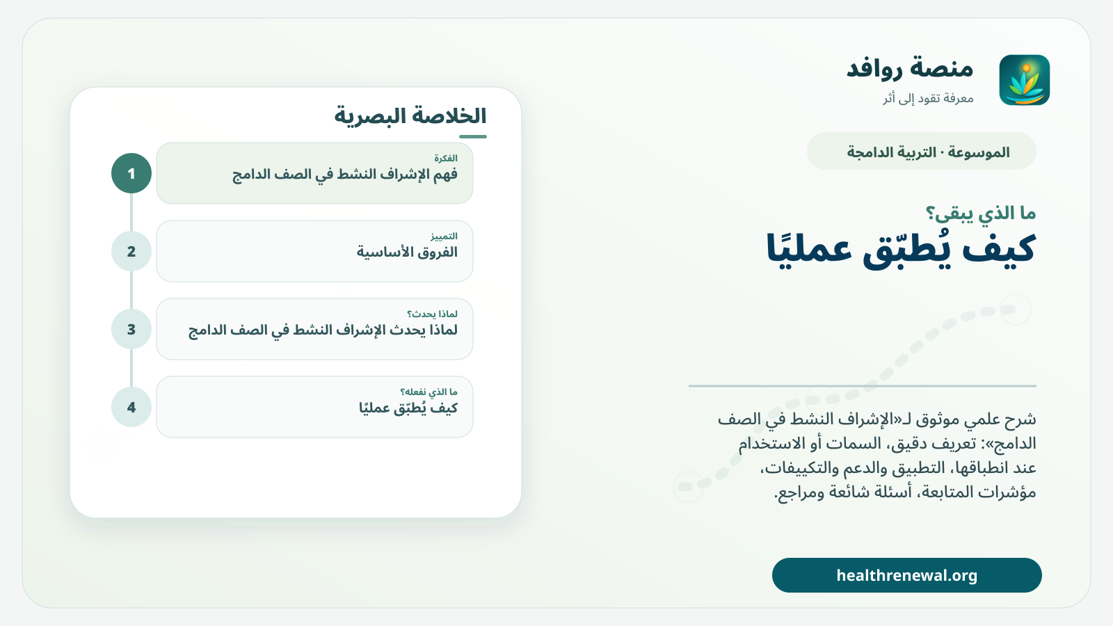 مخطط ختامي من منصة روافد يلخص «الإشراف النشط في الصف الدامج» ويعرض أهم المحاور والخطوات التالية