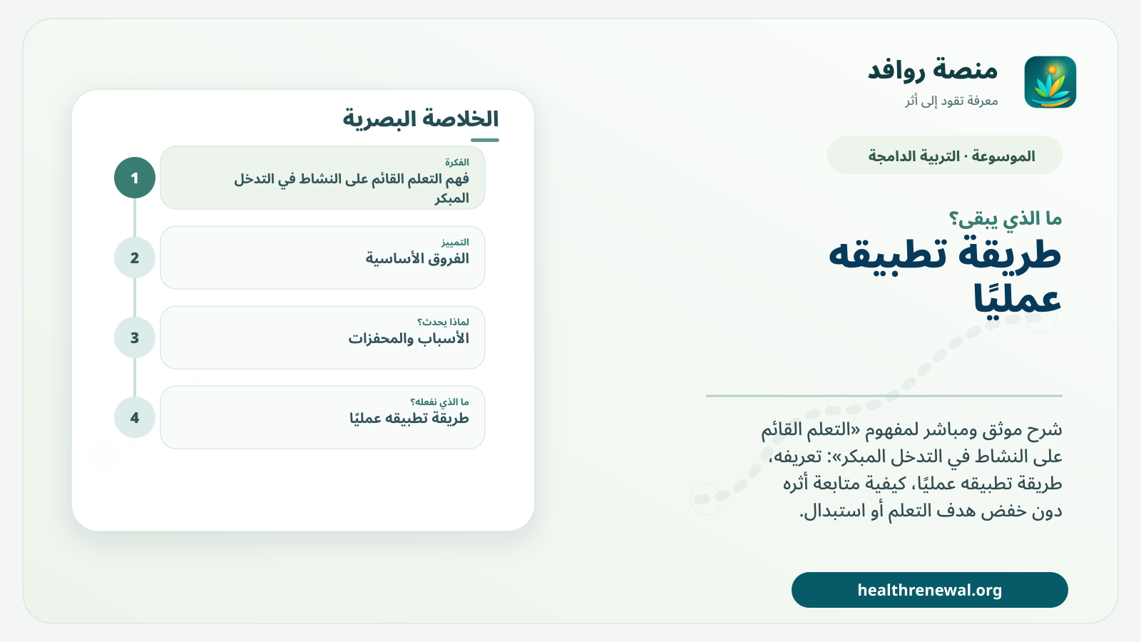 مخطط ختامي من منصة روافد يلخص «التعلم القائم على النشاط في التدخل المبكر» ويعرض أهم المحاور والخطوات التالية