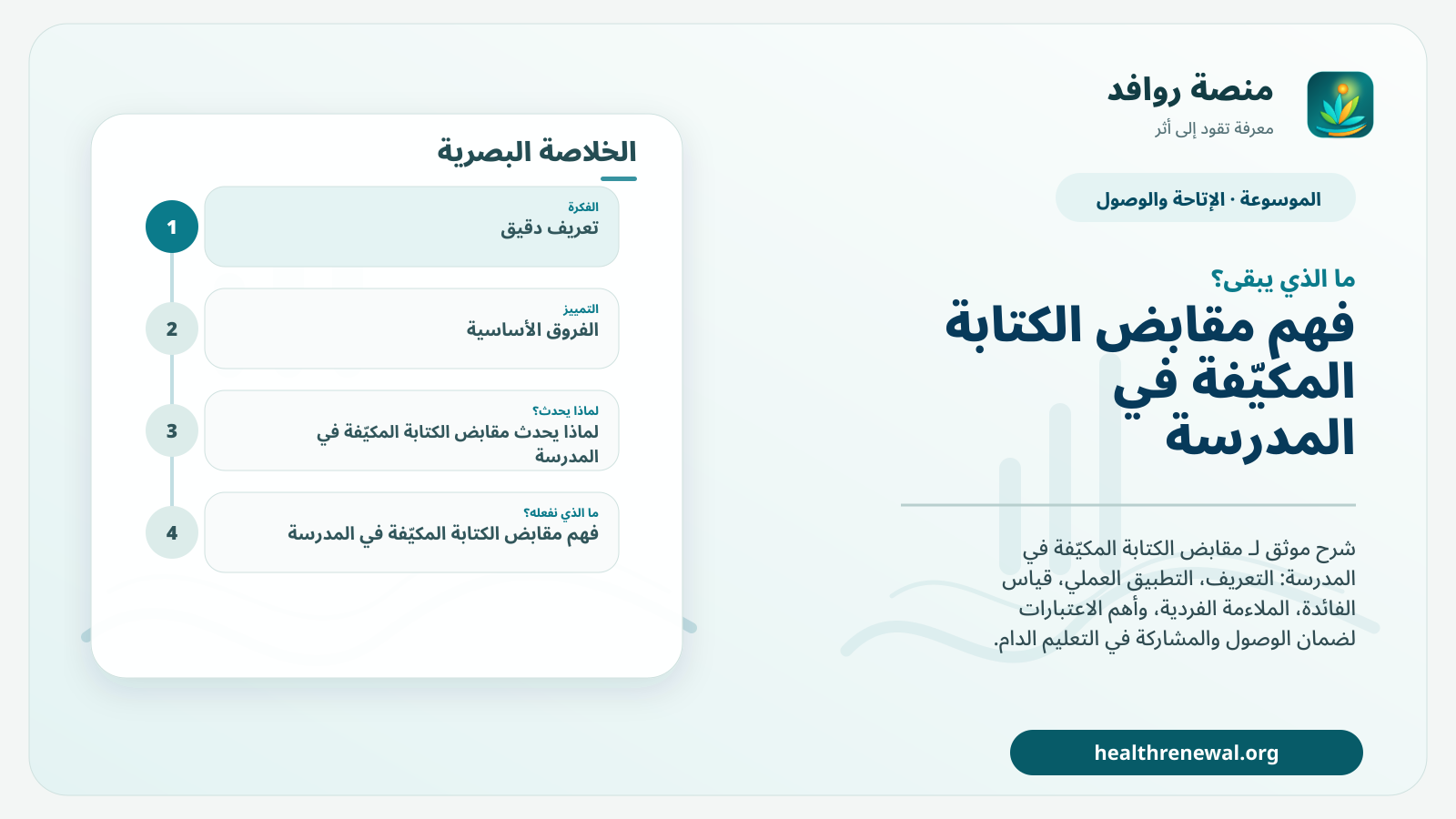 مخطط ختامي من منصة روافد يلخص «مقابض الكتابة المكيّفة في المدرسة» ويعرض أهم المحاور والخطوات التالية
