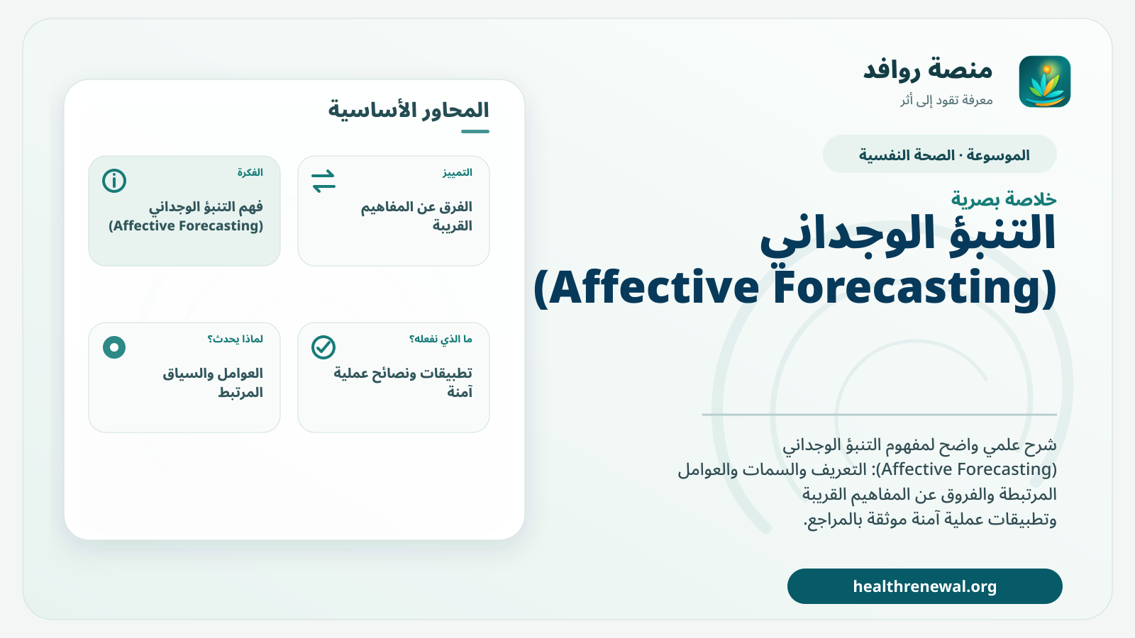 صورة بارزة من منصة روافد تلخص «التنبؤ الوجداني (Affective Forecasting)» بصريًا وفق محاور الصفحة الأساسية