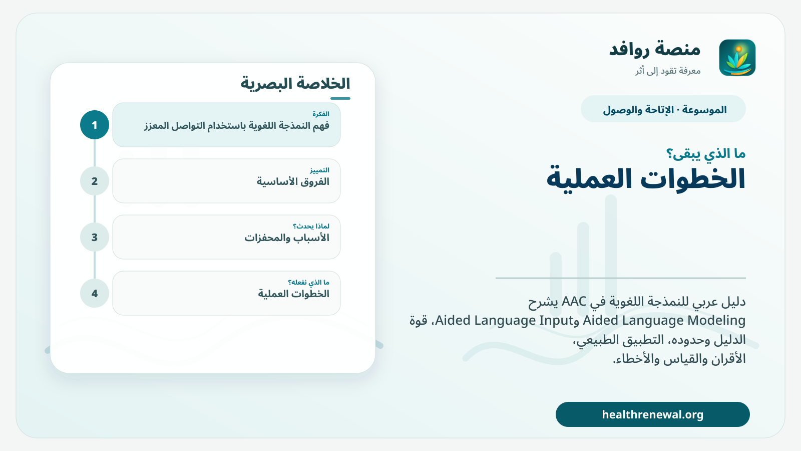 مخطط ختامي من منصة روافد يلخص «النمذجة اللغوية باستخدام التواصل المعزز» ويعرض أهم المحاور والخطوات التالية