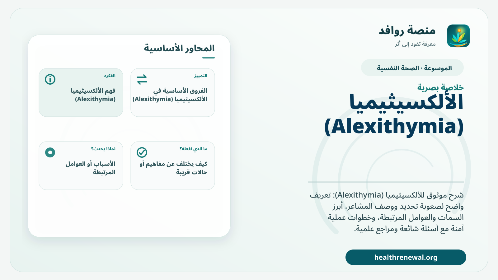 صورة بارزة من منصة روافد تلخص «الألكسيثيميا (Alexithymia)» بصريًا وفق محاور الصفحة الأساسية