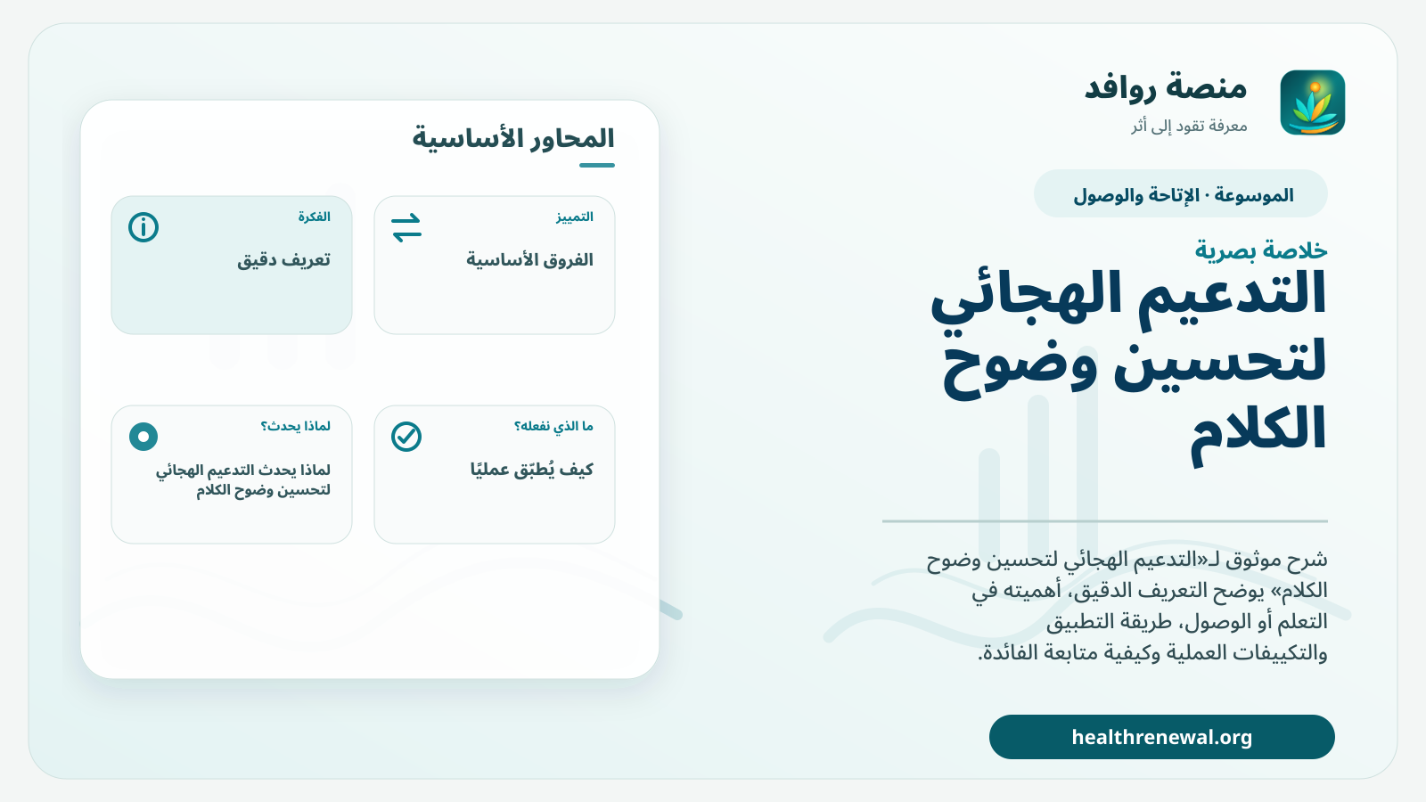 صورة بارزة من منصة روافد تلخص «التدعيم الهجائي لتحسين وضوح الكلام» بصريًا وفق محاور الصفحة الأساسية