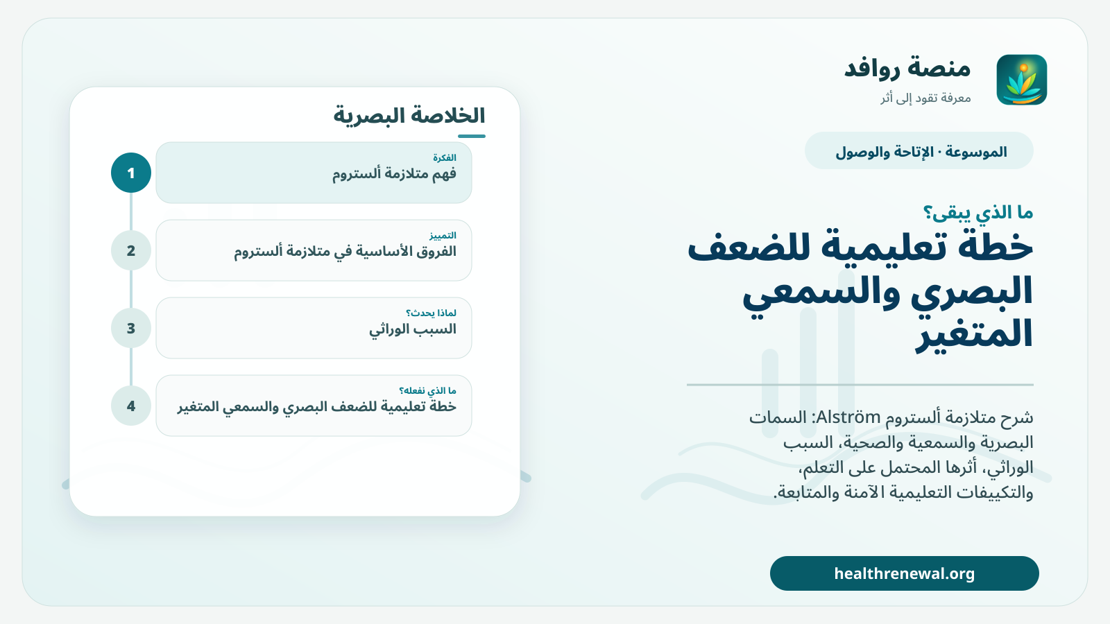 مخطط ختامي من منصة روافد يلخص «متلازمة ألستروم» ويعرض أهم المحاور والخطوات التالية