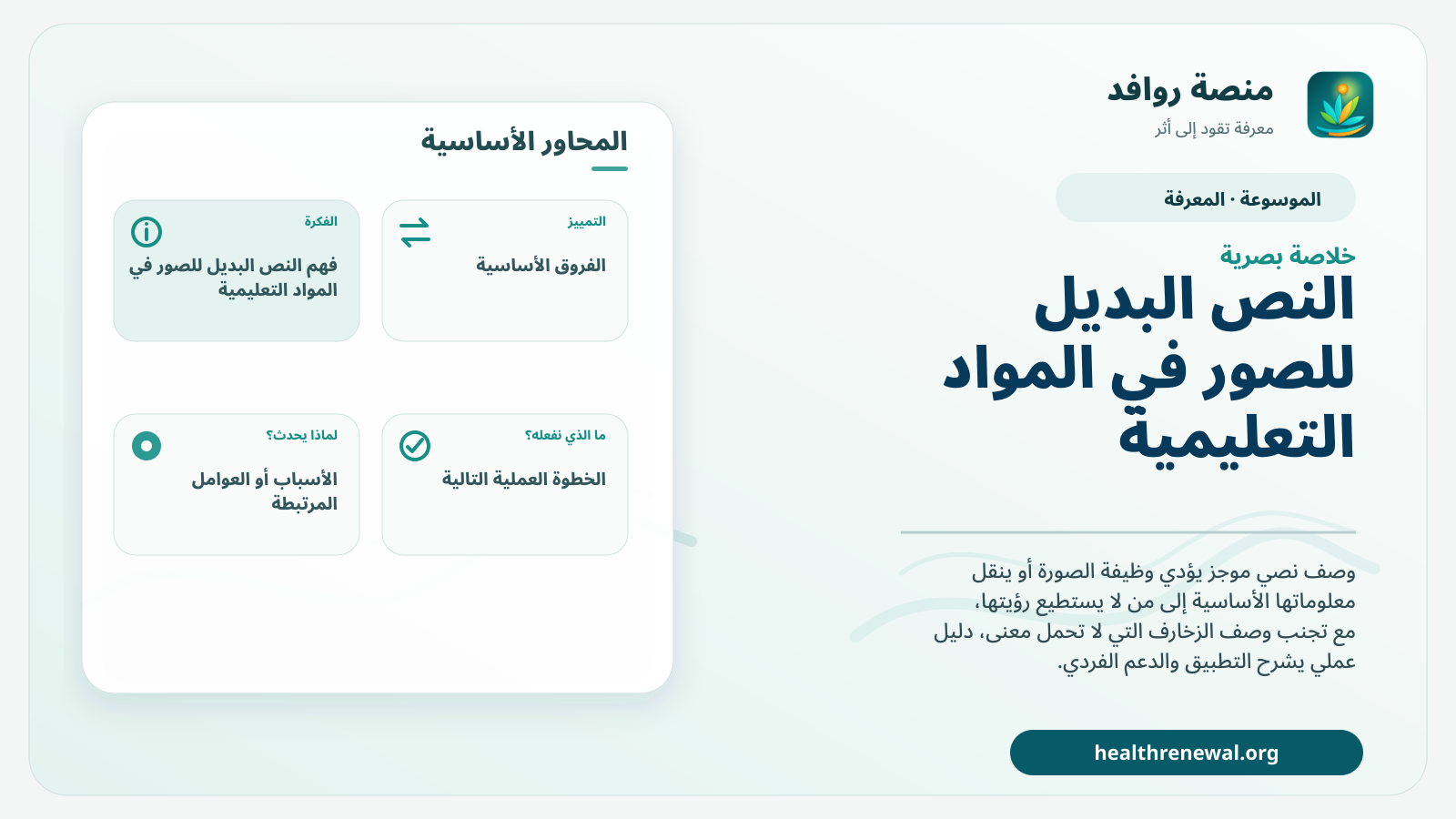 صورة بارزة من منصة روافد تلخص «النص البديل للصور في المواد التعليمية» بصريًا وفق محاور الصفحة الأساسية