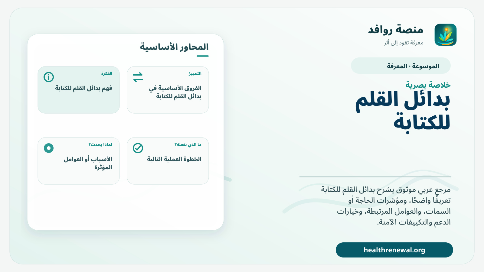 صورة بارزة من منصة روافد تلخص «بدائل القلم للكتابة» بصريًا وفق محاور الصفحة الأساسية