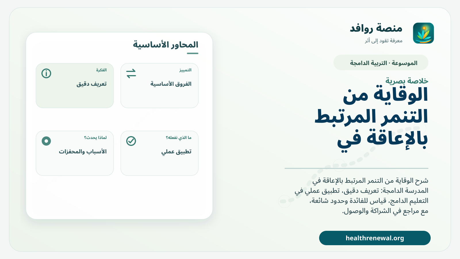 صورة بارزة من منصة روافد تلخص «الوقاية من التنمر المرتبط بالإعاقة في المدرسة الدامجة» بصريًا وفق محاور الصفحة الأساسية