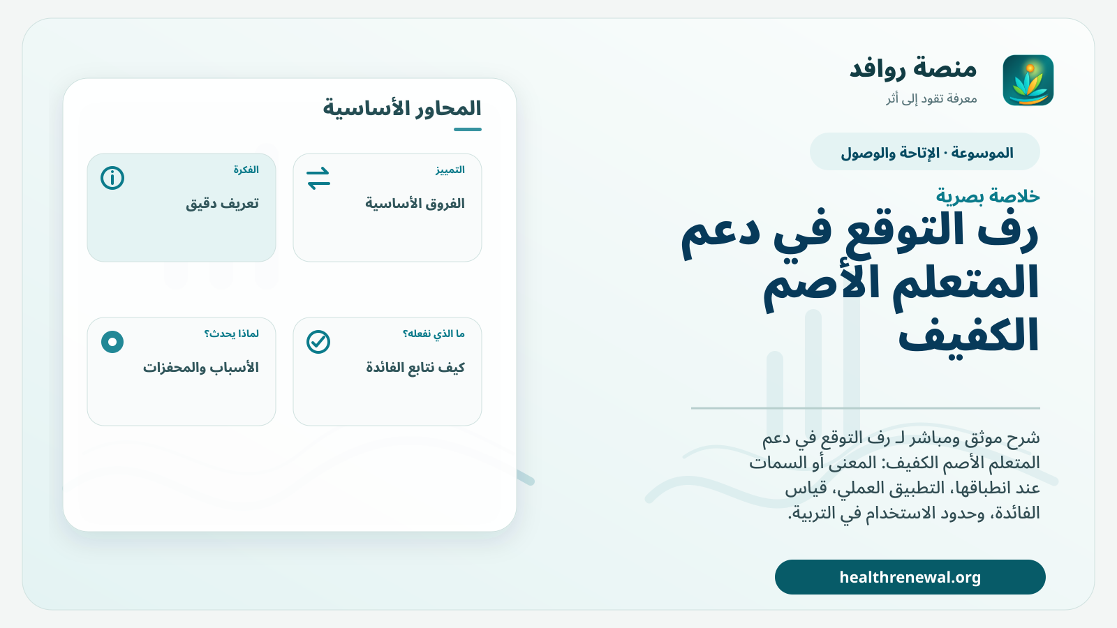 صورة بارزة من منصة روافد تلخص «رف التوقع في دعم المتعلم الأصم الكفيف» بصريًا وفق محاور الصفحة الأساسية