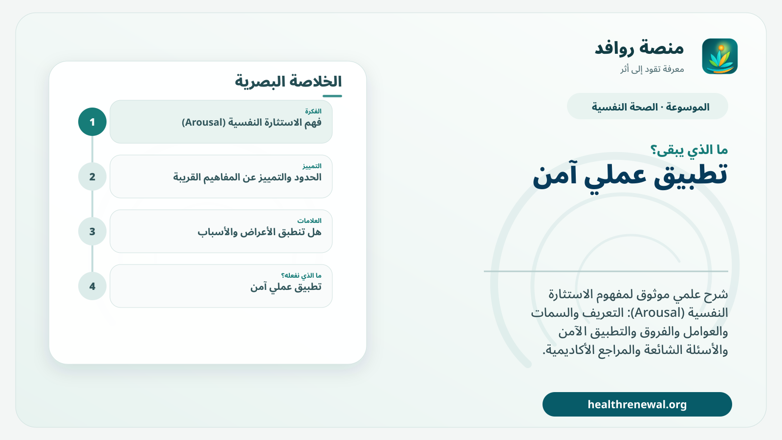 مخطط ختامي من منصة روافد يلخص «الاستثارة النفسية (Arousal)» ويعرض أهم المحاور والخطوات التالية