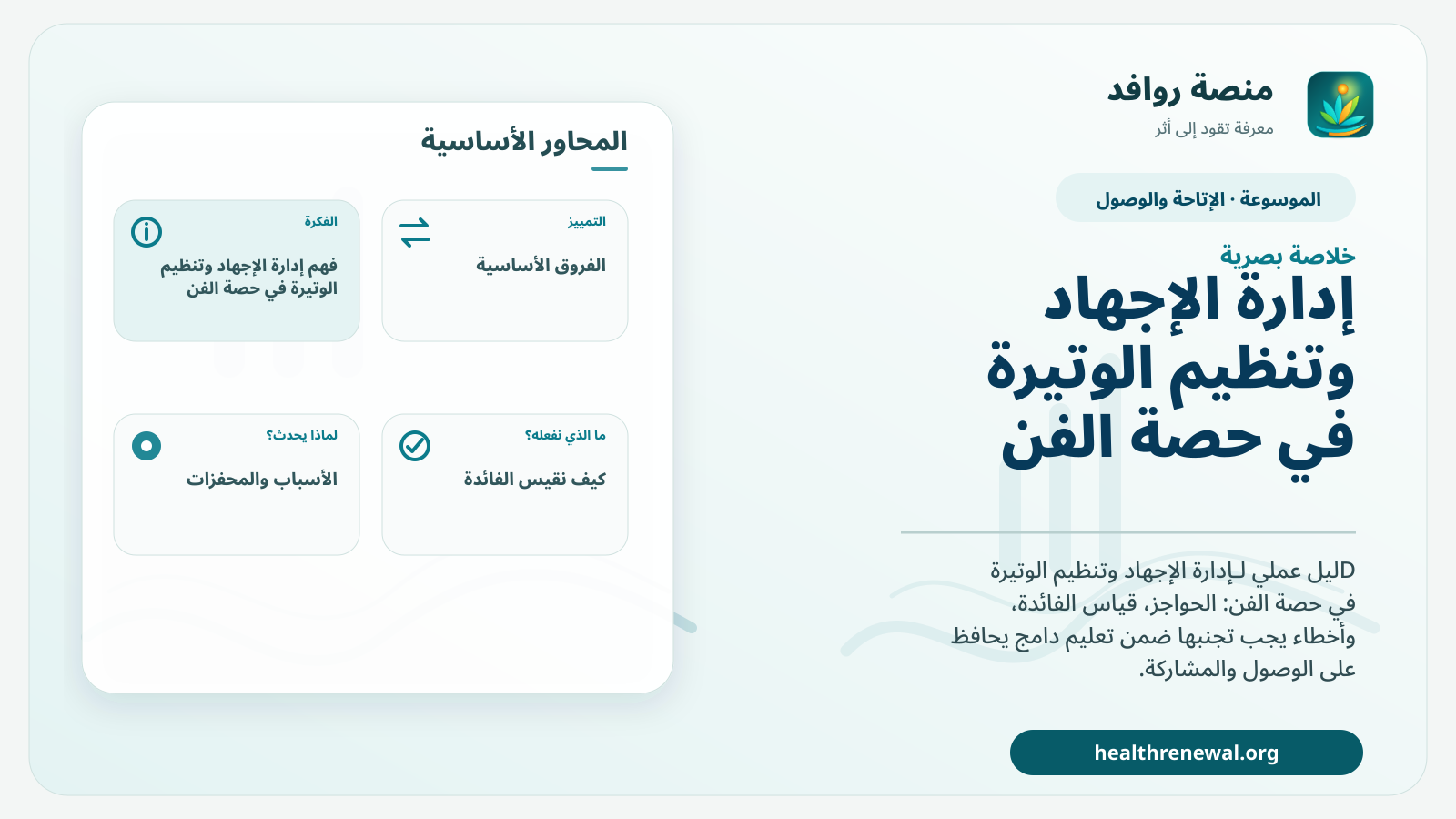 صورة بارزة من منصة روافد تلخص «إدارة الإجهاد وتنظيم الوتيرة في حصة الفن» بصريًا وفق محاور الصفحة الأساسية