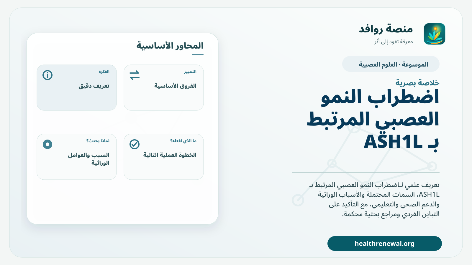 صورة بارزة من منصة روافد تلخص «اضطراب النمو العصبي المرتبط بـ ASH1L» بصريًا وفق محاور الصفحة الأساسية