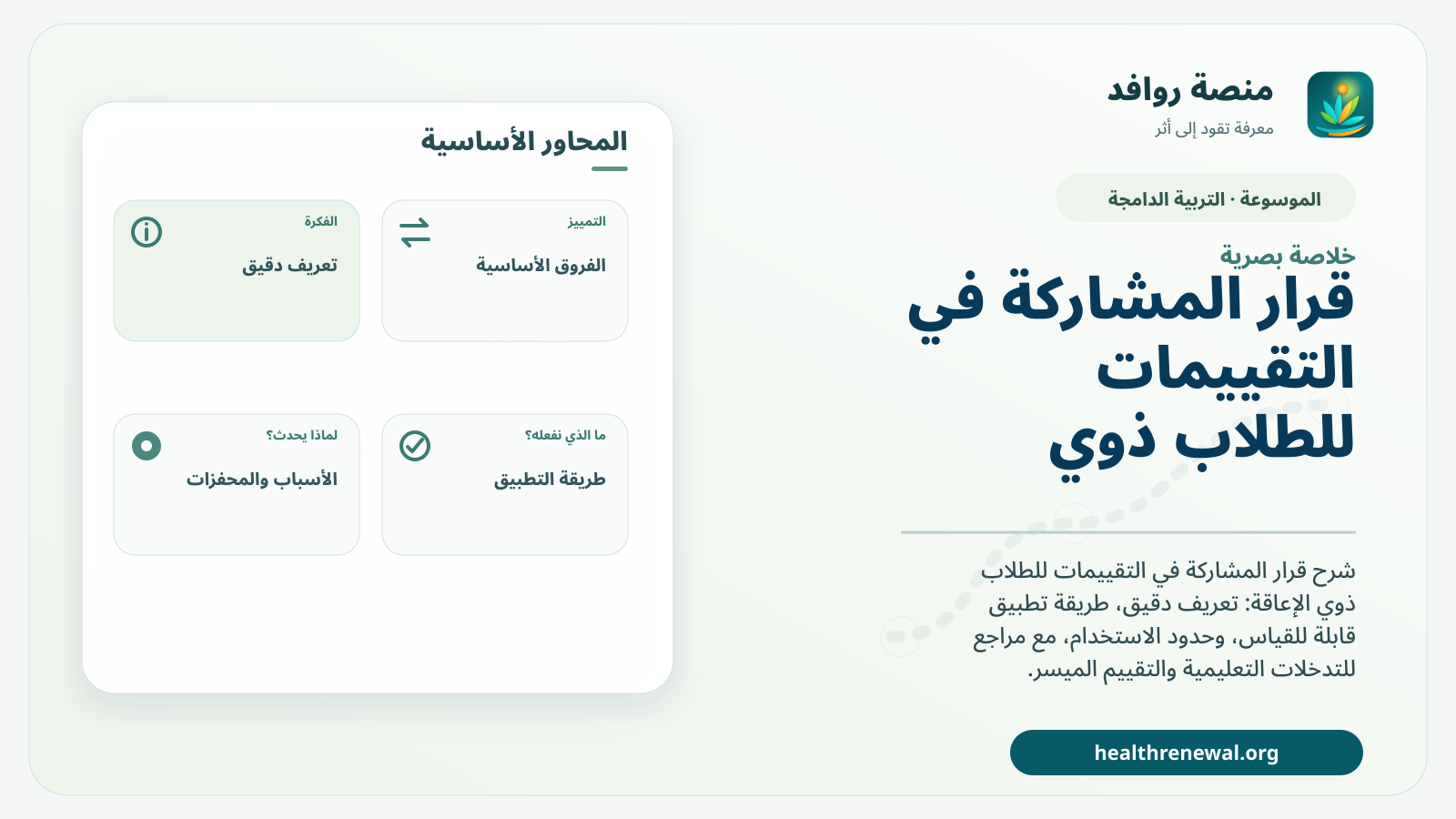 صورة بارزة من منصة روافد تلخص «قرار المشاركة في التقييمات للطلاب ذوي الإعاقة» بصريًا وفق محاور الصفحة الأساسية