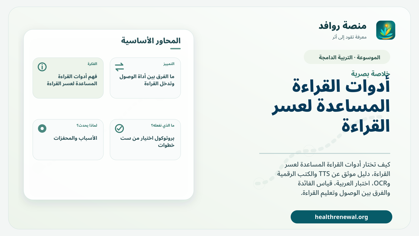 صورة بارزة من منصة روافد تلخص «أدوات القراءة المساعدة لعسر القراءة» بصريًا وفق محاور الصفحة الأساسية