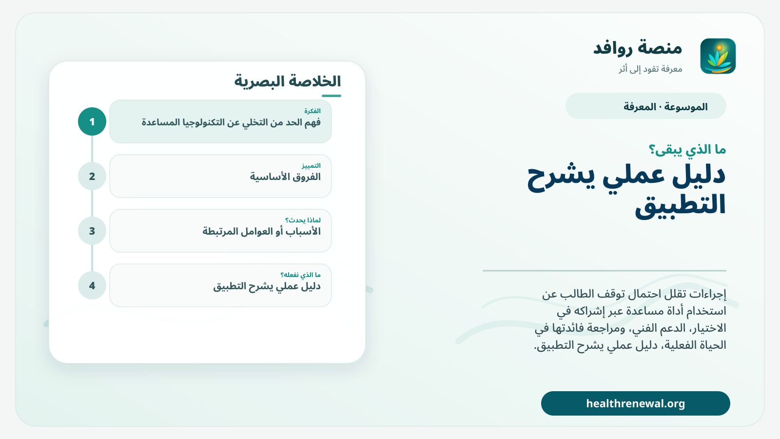 مخطط ختامي من منصة روافد يلخص «الحد من التخلي عن التكنولوجيا المساعدة» ويعرض أهم المحاور والخطوات التالية