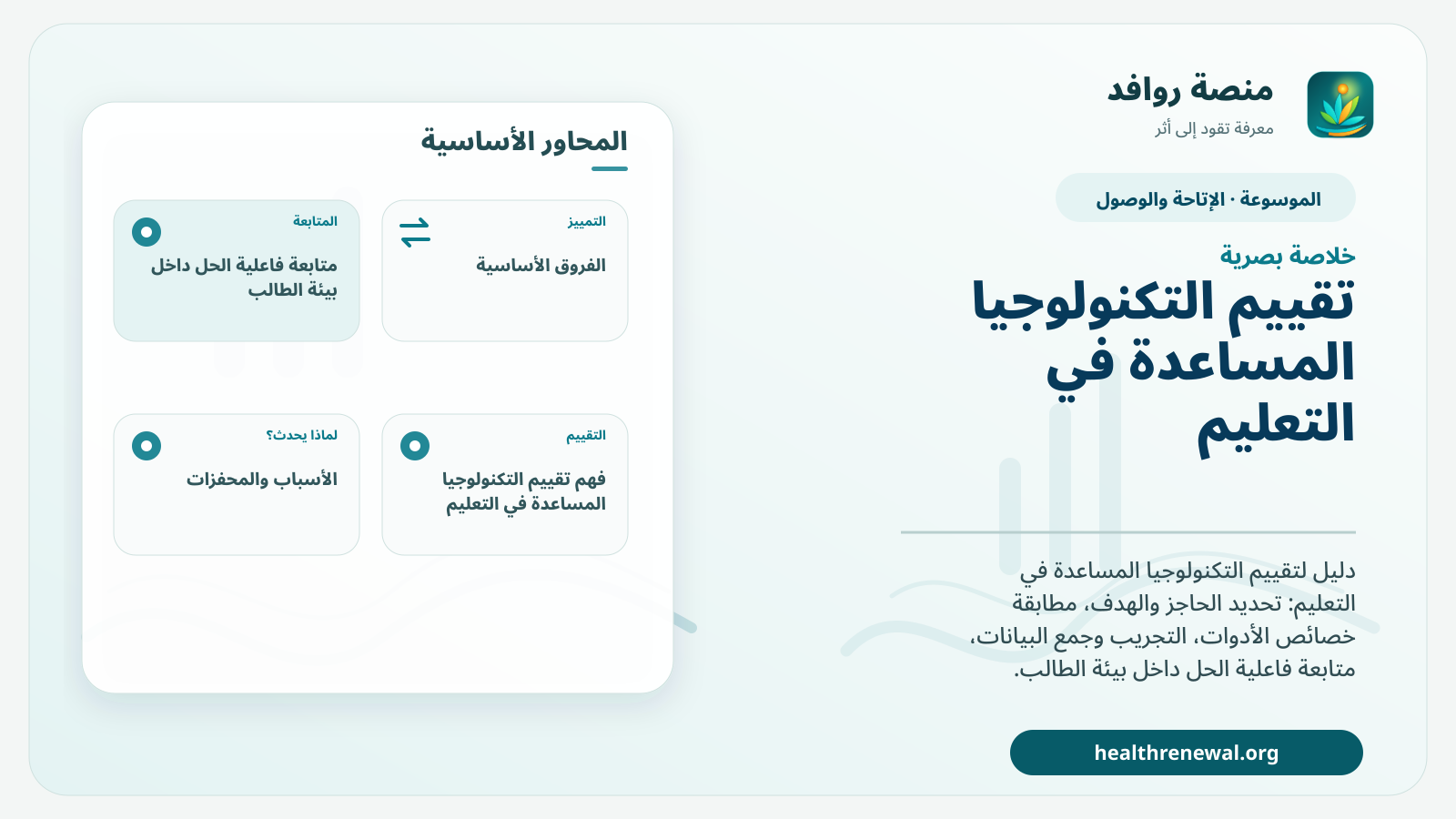 صورة بارزة من منصة روافد تلخص «تقييم التكنولوجيا المساعدة في التعليم» بصريًا وفق محاور الصفحة الأساسية