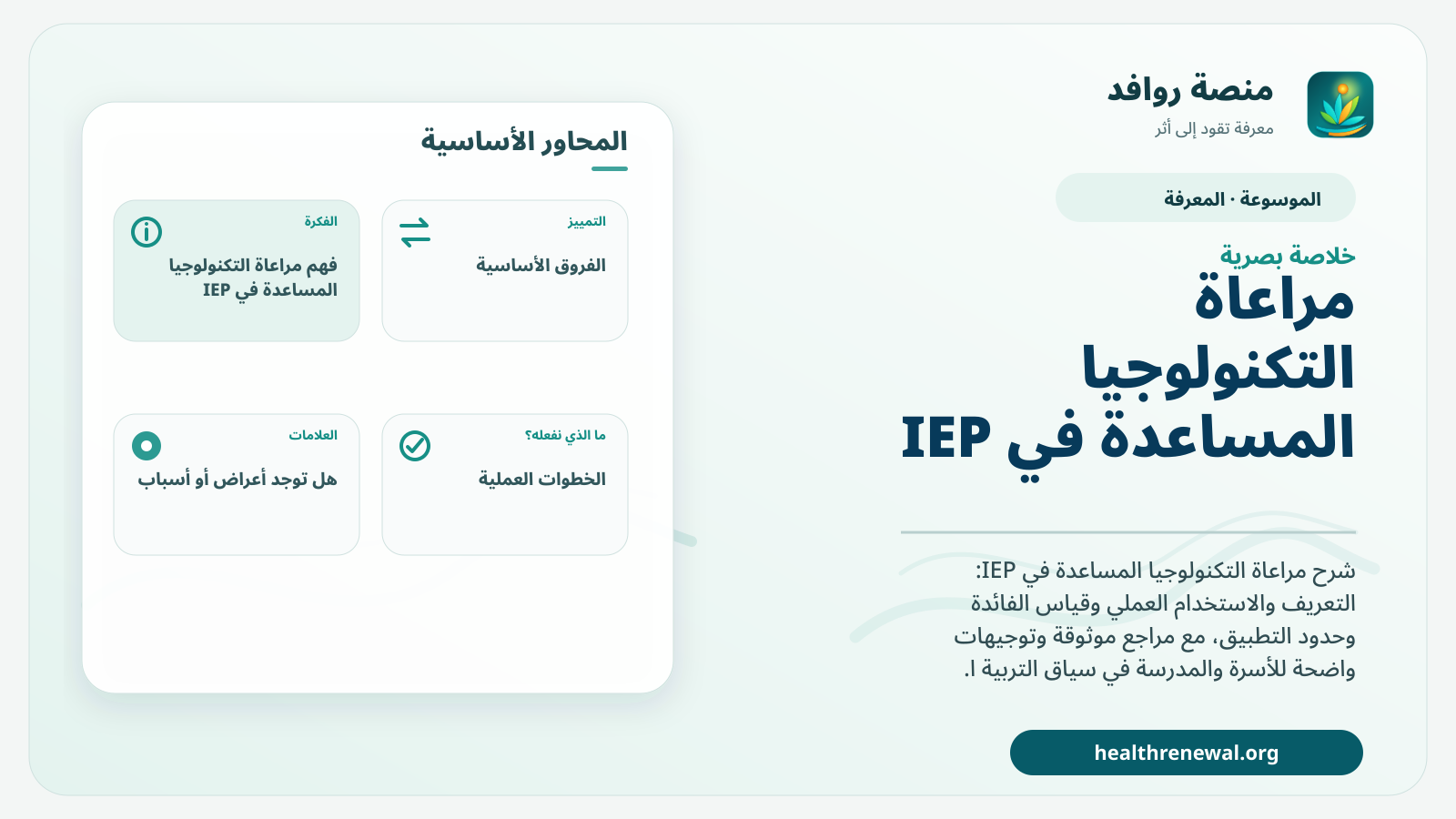صورة بارزة من منصة روافد تلخص «مراعاة التكنولوجيا المساعدة في IEP» بصريًا وفق محاور الصفحة الأساسية