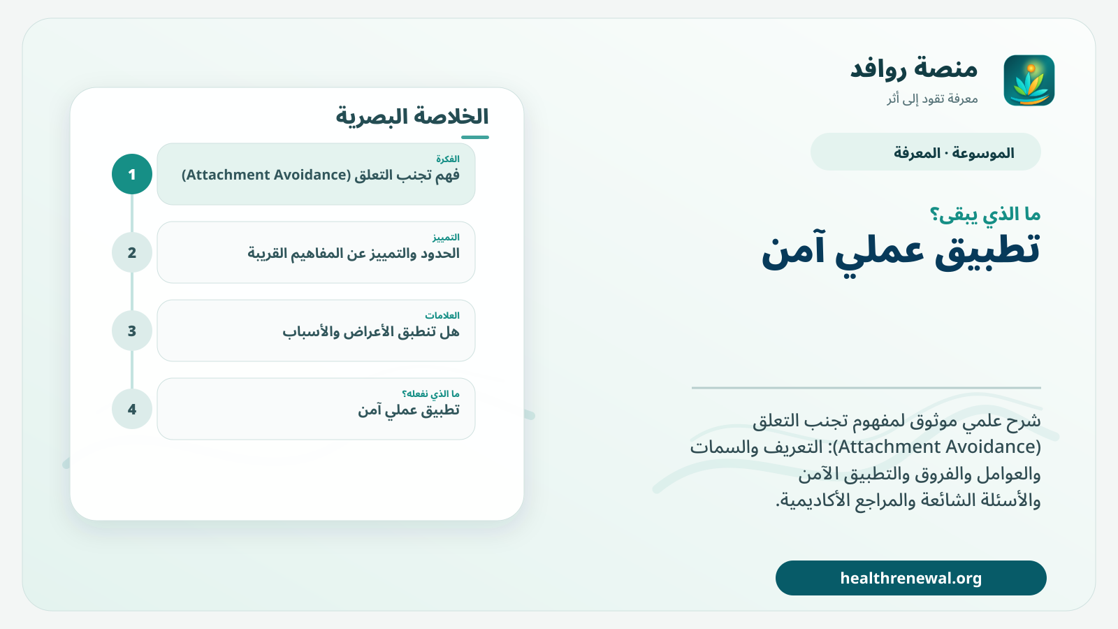 مخطط ختامي من منصة روافد يلخص «تجنب التعلق (Attachment Avoidance)» ويعرض أهم المحاور والخطوات التالية