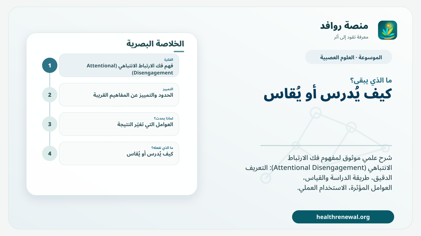 مخطط ختامي من منصة روافد يلخص «فك الارتباط الانتباهي (Attentional Disengagement)» ويعرض أهم المحاور والخطوات التالية