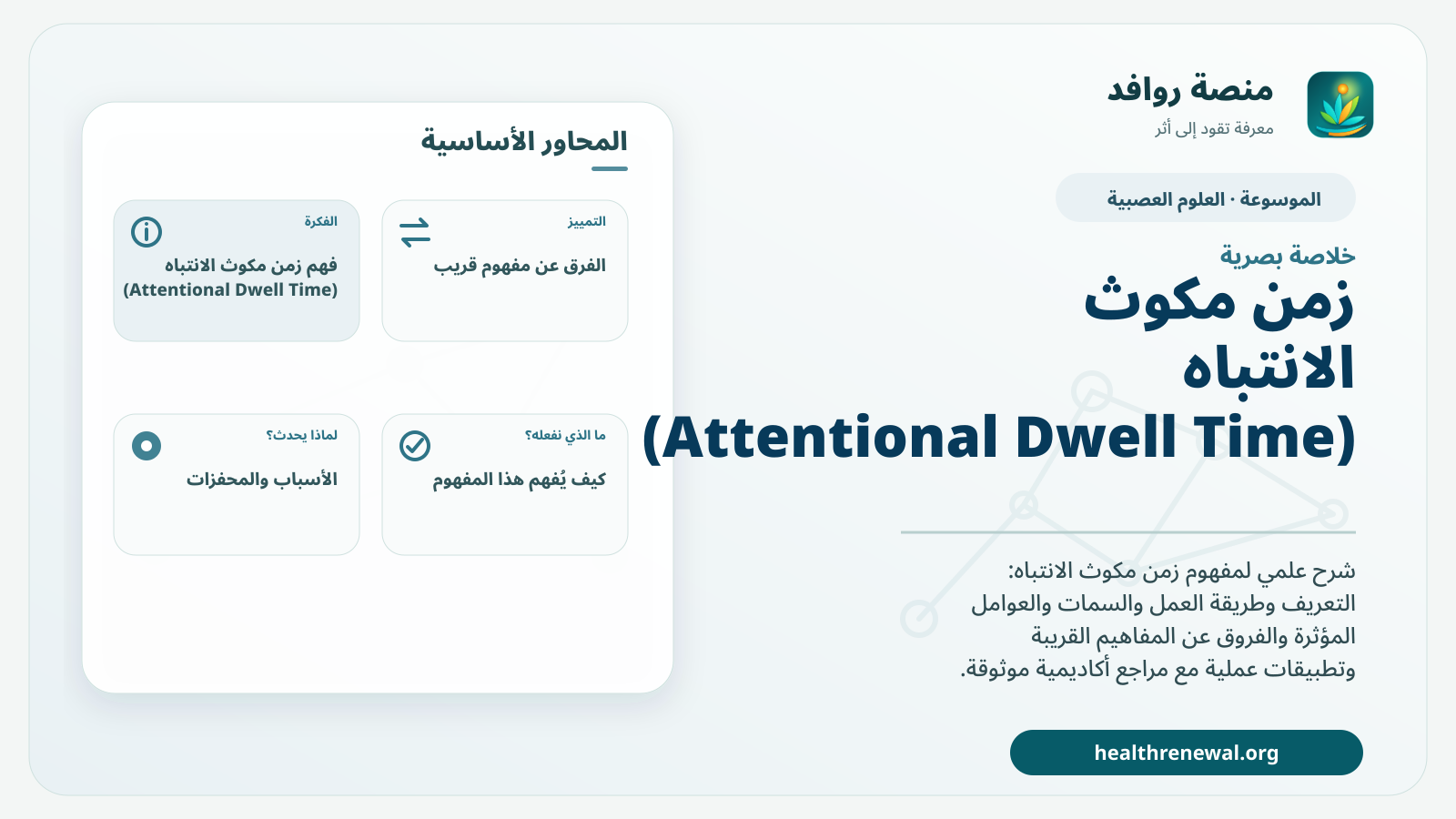 صورة بارزة من منصة روافد تلخص «زمن مكوث الانتباه (Attentional Dwell Time)» بصريًا وفق محاور الصفحة الأساسية