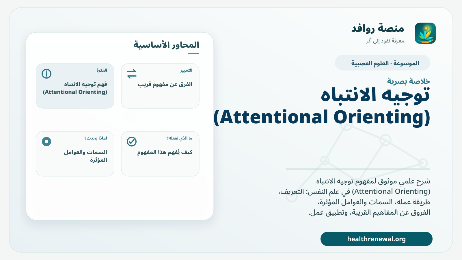 صورة بارزة من منصة روافد تلخص «توجيه الانتباه (Attentional Orienting)» بصريًا وفق محاور الصفحة الأساسية