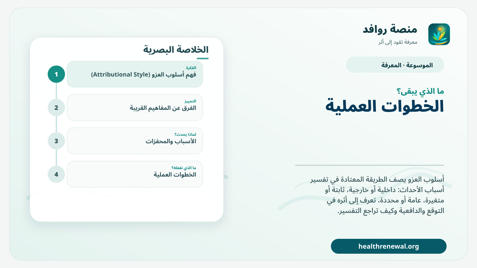مخطط ختامي من منصة روافد يلخص «أسلوب العزو (Attributional Style)» ويعرض أهم المحاور والخطوات التالية