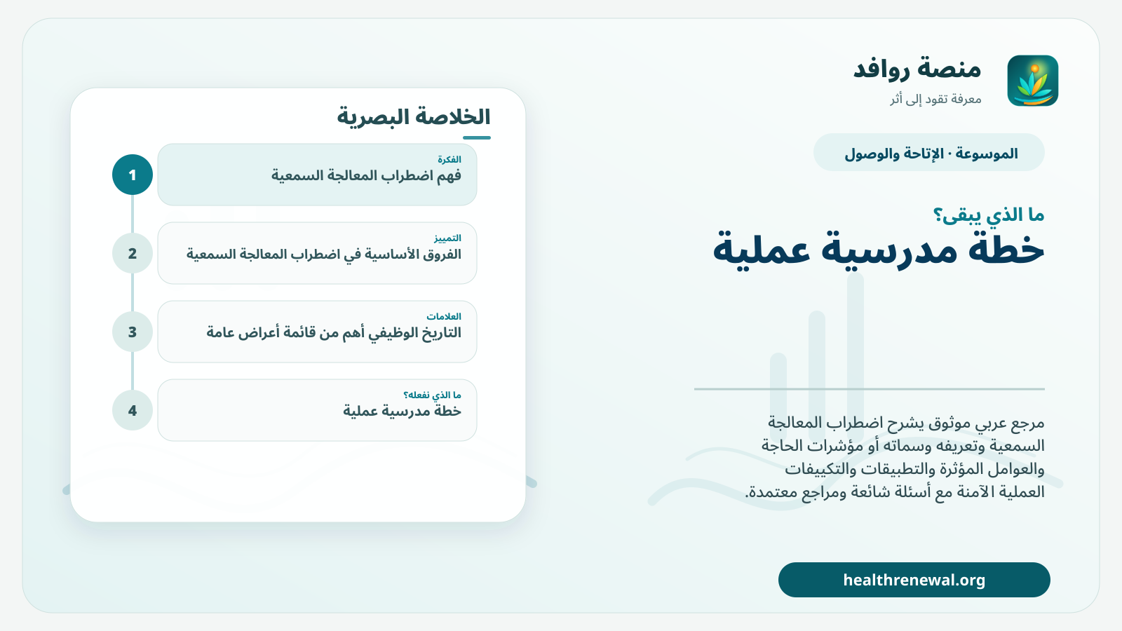 مخطط ختامي من منصة روافد يلخص «اضطراب المعالجة السمعية» ويعرض أهم المحاور والخطوات التالية