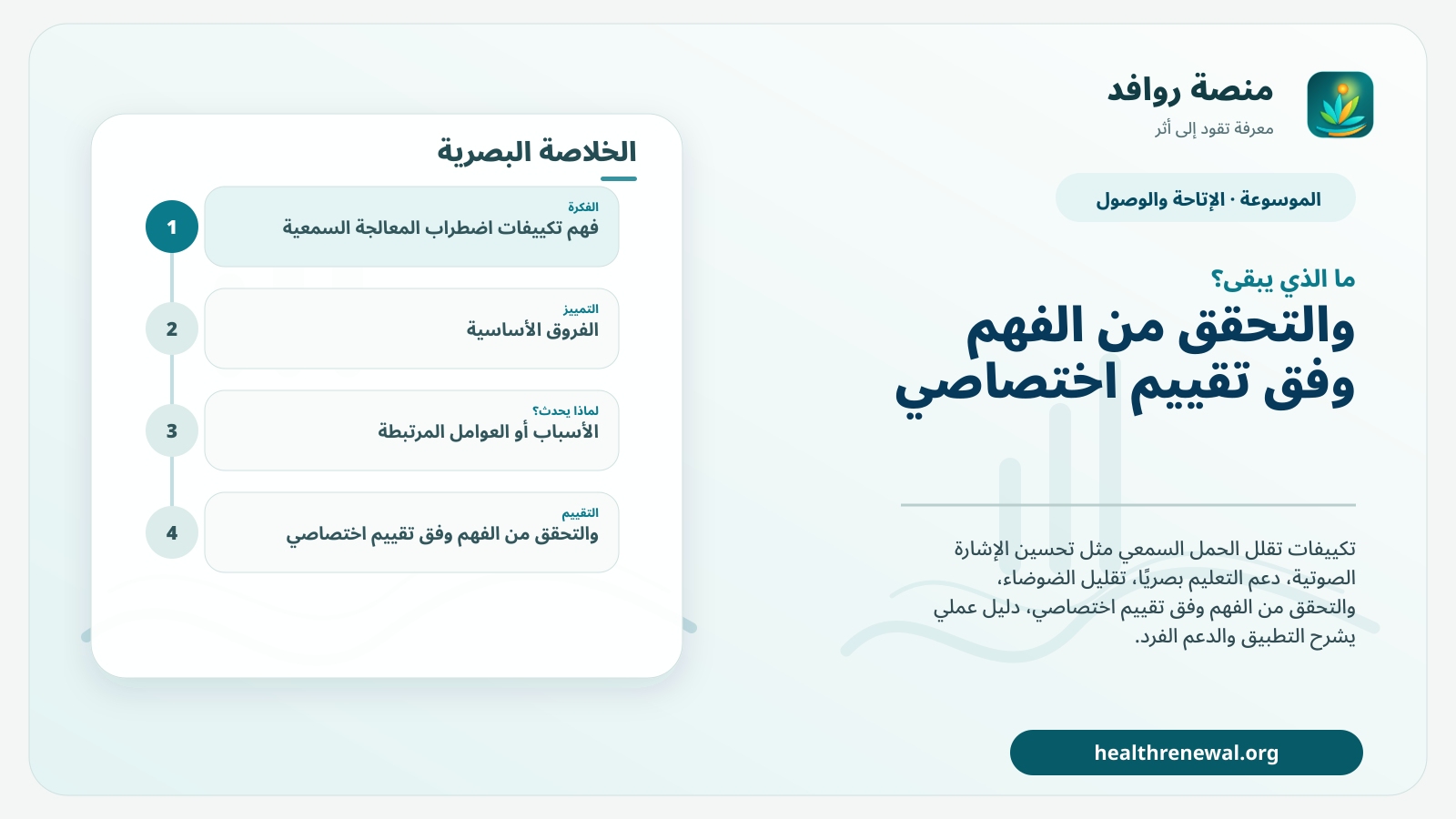 مخطط ختامي من منصة روافد يلخص «تكييفات اضطراب المعالجة السمعية» ويعرض أهم المحاور والخطوات التالية