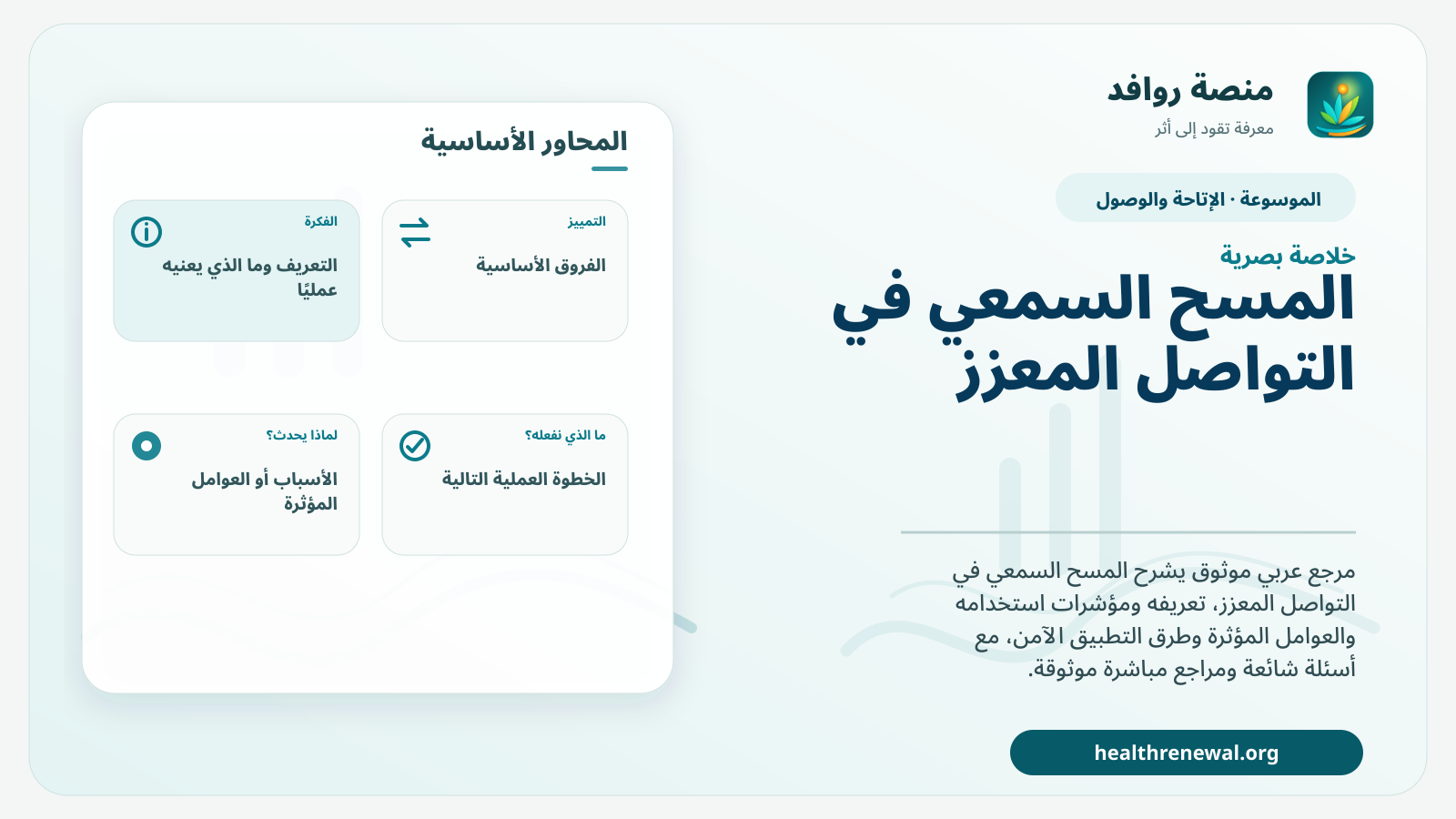 صورة بارزة من منصة روافد تلخص «المسح السمعي في التواصل المعزز» بصريًا وفق محاور الصفحة الأساسية
