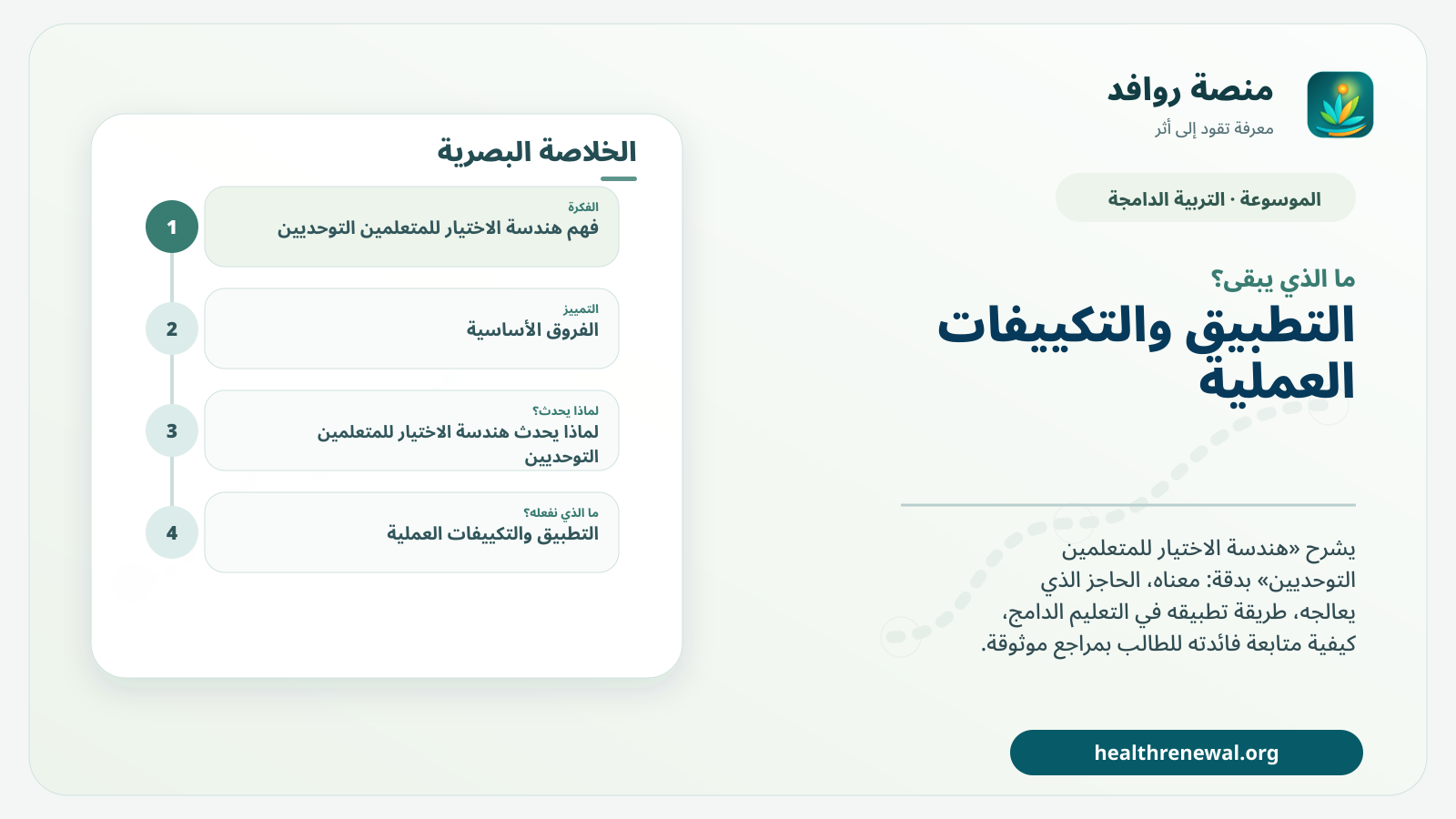 مخطط ختامي من منصة روافد يلخص «هندسة الاختيار للمتعلمين التوحديين» ويعرض أهم المحاور والخطوات التالية