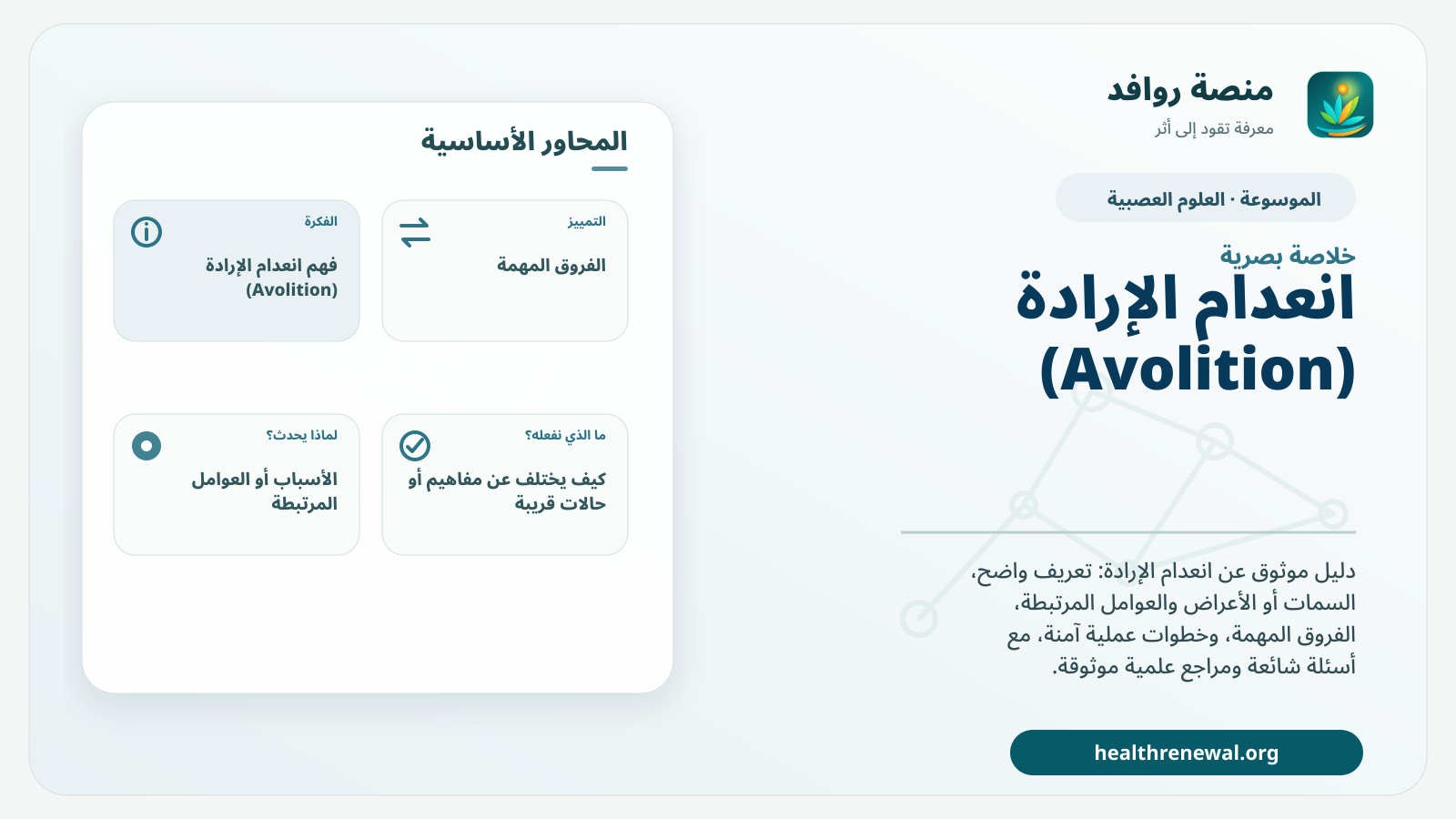 صورة بارزة من منصة روافد تلخص «انعدام الإرادة (Avolition)» بصريًا وفق محاور الصفحة الأساسية
