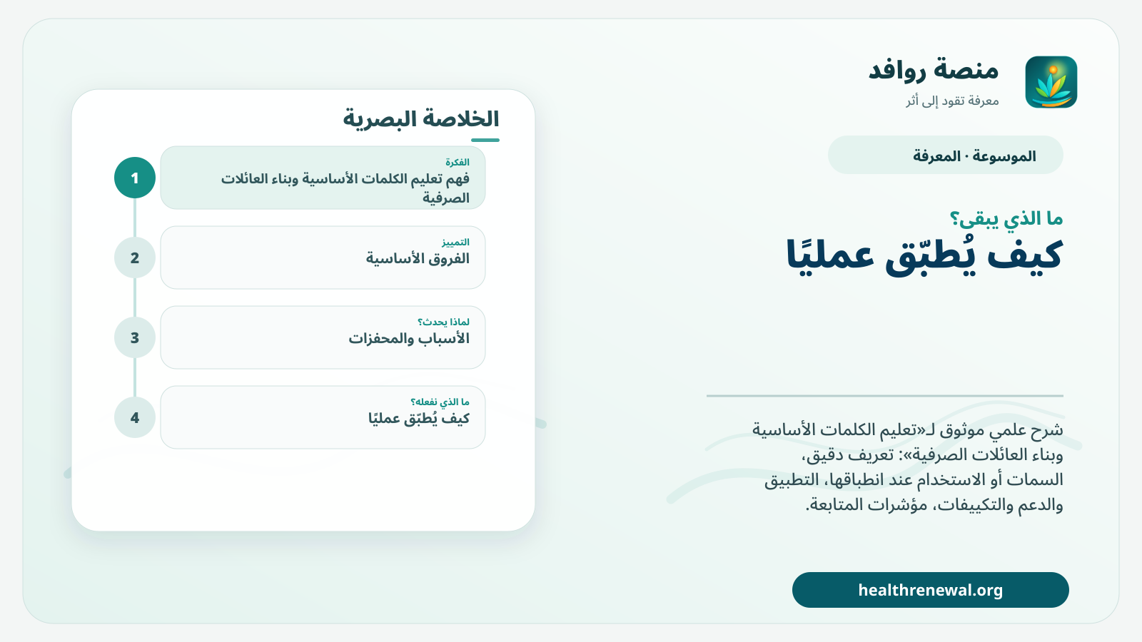 مخطط ختامي من منصة روافد يلخص «تعليم الكلمات الأساسية وبناء العائلات الصرفية» ويعرض أهم المحاور والخطوات التالية
