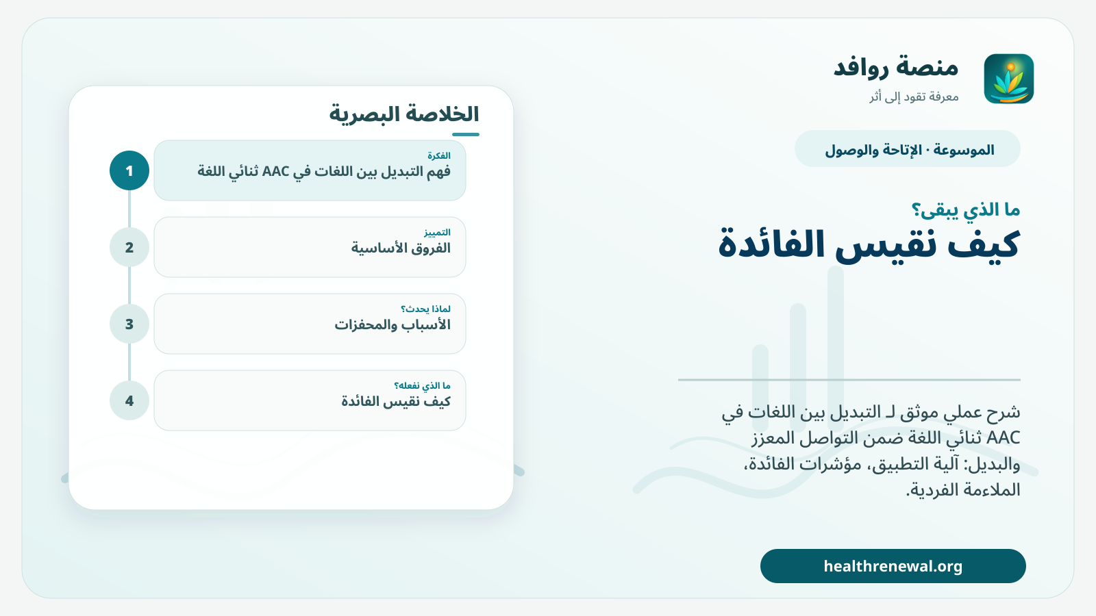 مخطط ختامي من منصة روافد يلخص «التبديل بين اللغات في AAC ثنائي اللغة» ويعرض أهم المحاور والخطوات التالية
