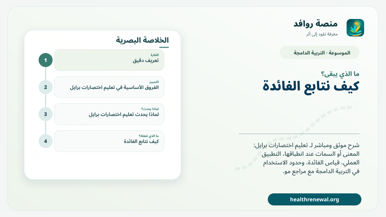 مخطط ختامي من منصة روافد يلخص «تعليم اختصارات برايل» ويعرض أهم المحاور والخطوات التالية