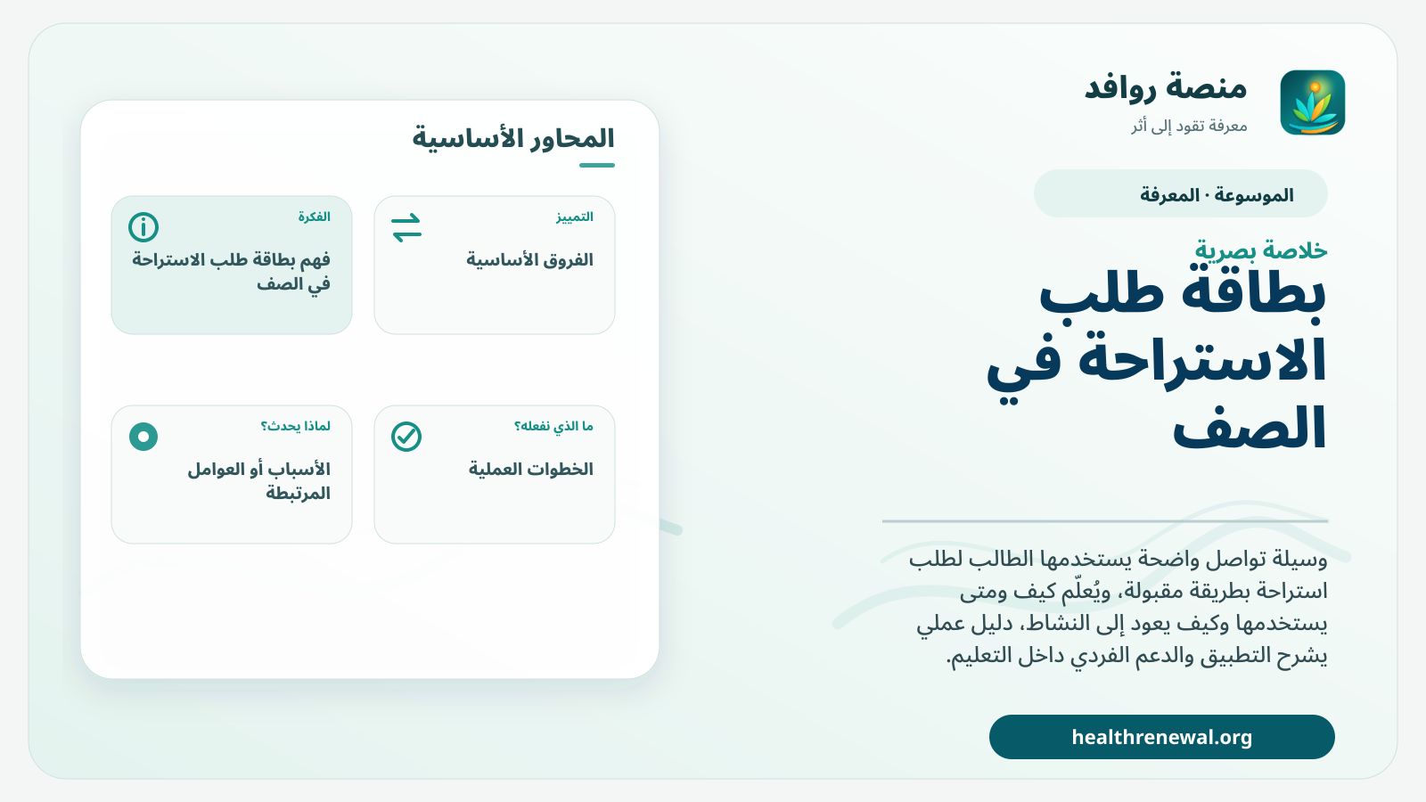 صورة بارزة من منصة روافد تلخص «بطاقة طلب الاستراحة في الصف» بصريًا وفق محاور الصفحة الأساسية