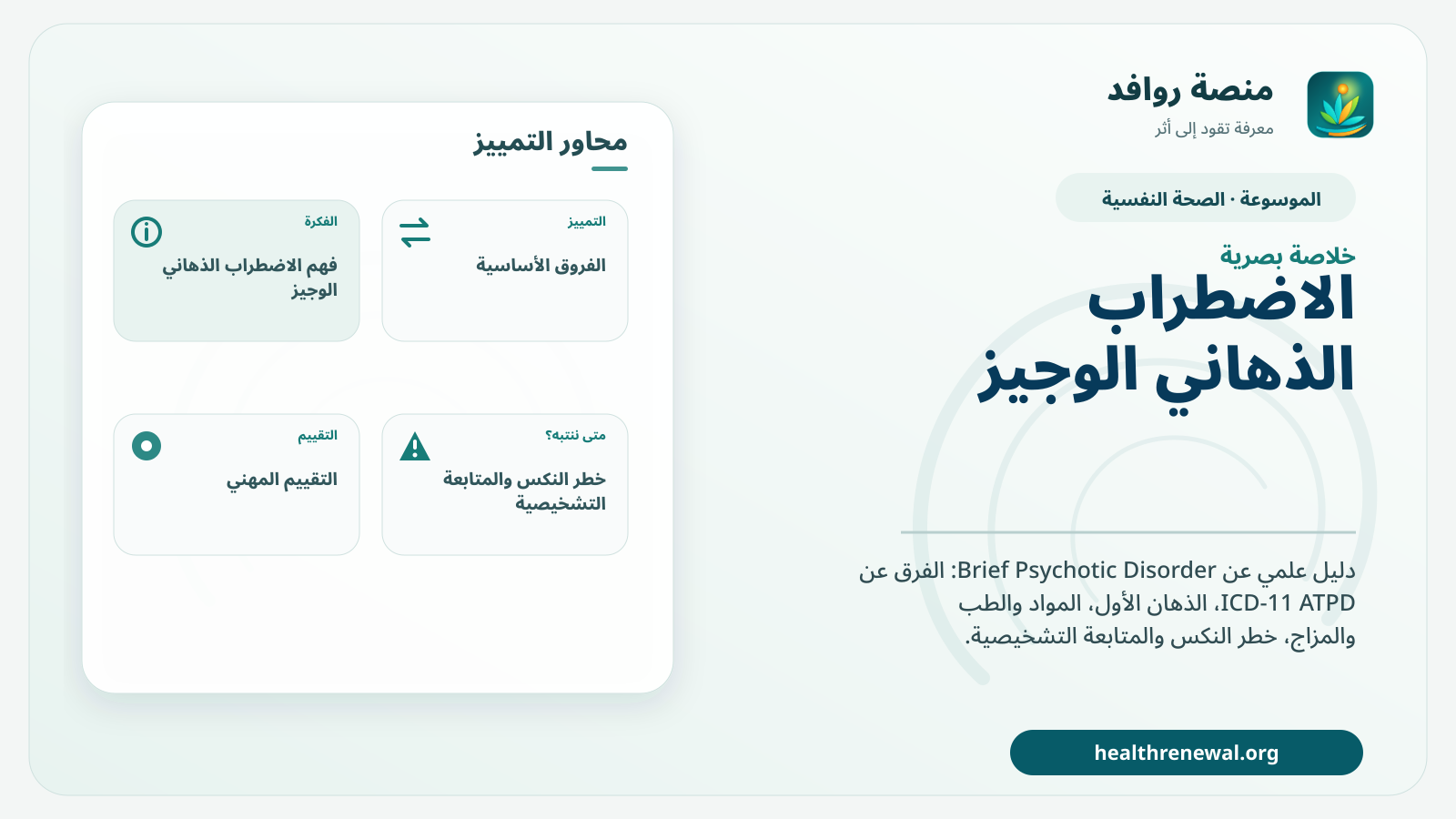 صورة بارزة من منصة روافد تلخص «الاضطراب الذهاني الوجيز: الذهان الأول، الفرق عن ICD-11، النكس وإعادة التشخيص» بصريًا وفق محاور الصفحة الأساسية