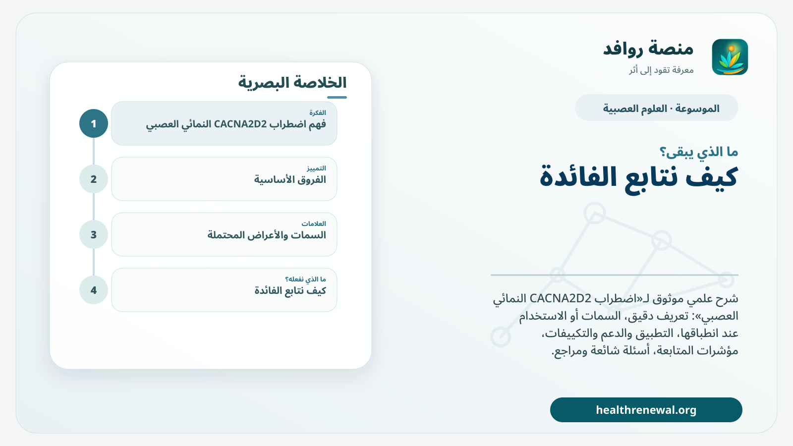مخطط ختامي من منصة روافد يلخص «اضطراب CACNA2D2 النمائي العصبي» ويعرض أهم المحاور والخطوات التالية