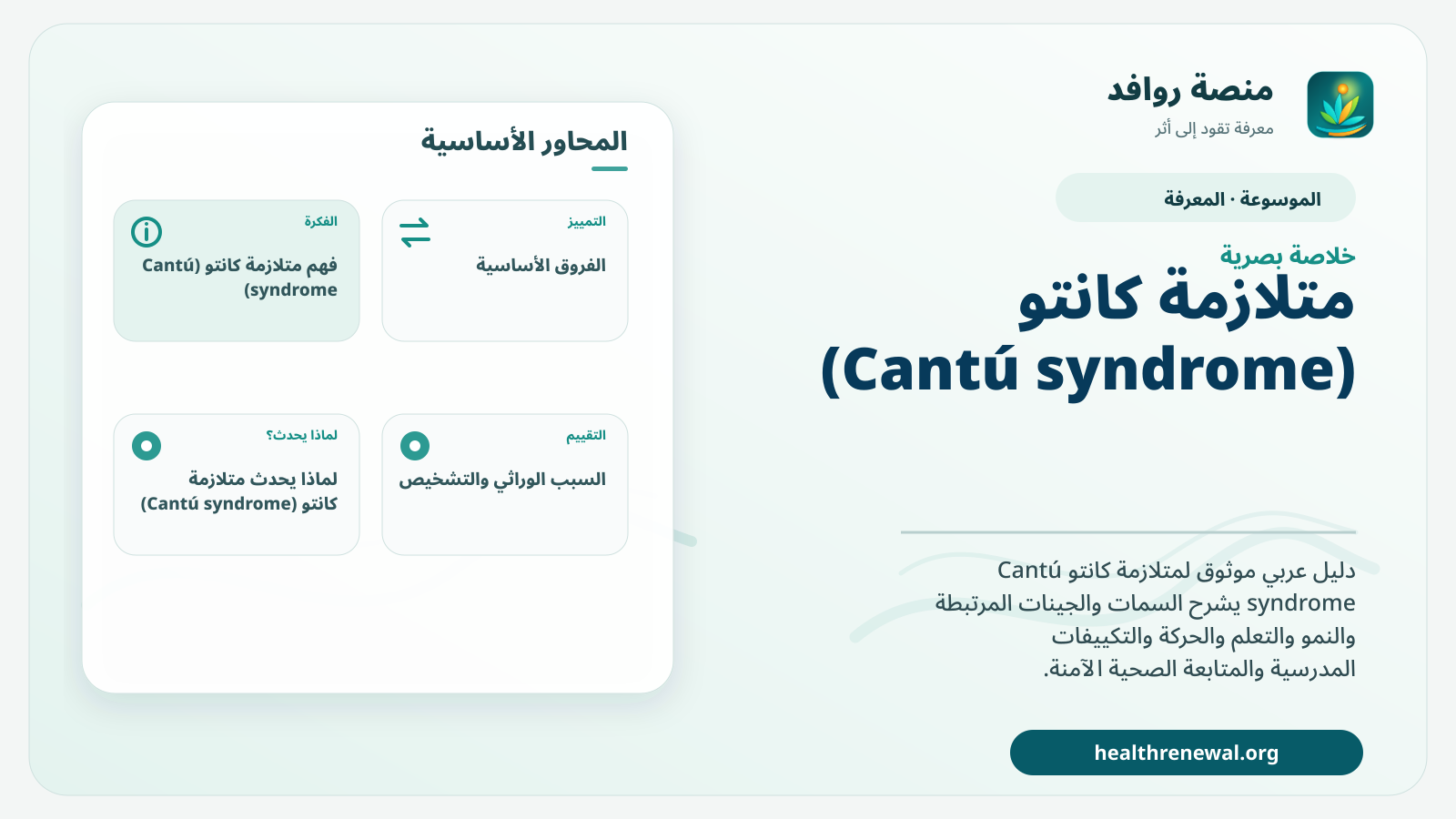 صورة بارزة من منصة روافد تلخص «متلازمة كانتو (Cantú syndrome)» بصريًا وفق محاور الصفحة الأساسية