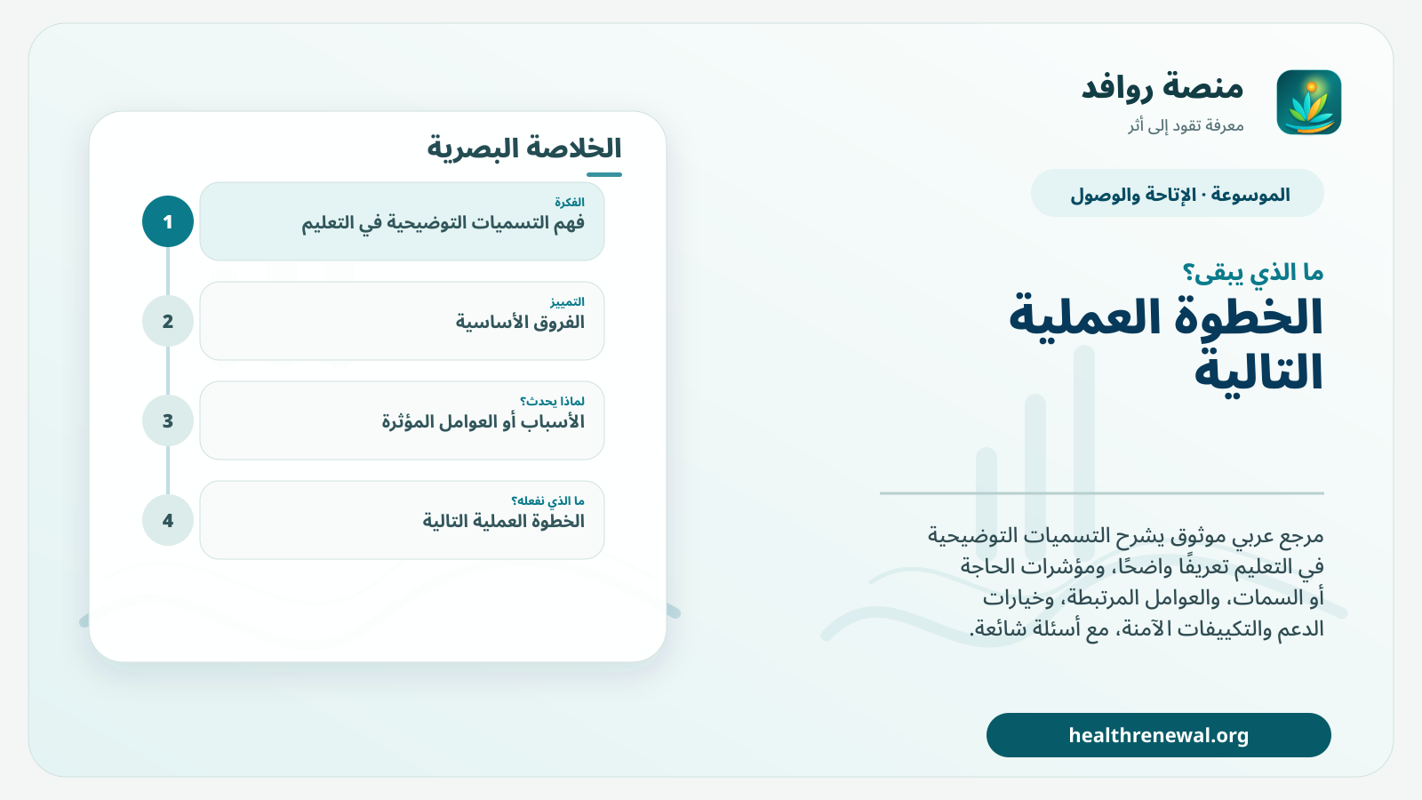 مخطط ختامي من منصة روافد يلخص «التسميات التوضيحية في التعليم» ويعرض أهم المحاور والخطوات التالية