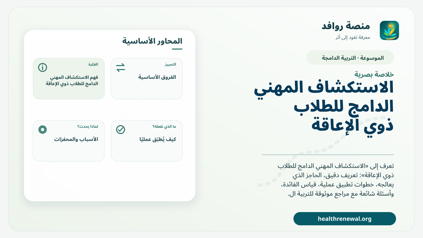 صورة بارزة من منصة روافد تلخص «الاستكشاف المهني الدامج للطلاب ذوي الإعاقة» بصريًا وفق محاور الصفحة الأساسية
