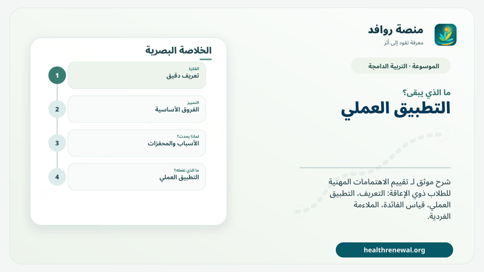 مخطط ختامي من منصة روافد يلخص «تقييم الاهتمامات المهنية للطلاب ذوي الإعاقة» ويعرض أهم المحاور والخطوات التالية