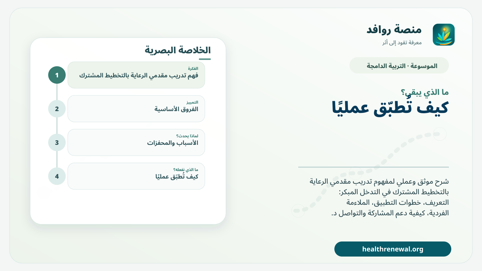 مخطط ختامي من منصة روافد يلخص «تدريب مقدمي الرعاية بالتخطيط المشترك» ويعرض أهم المحاور والخطوات التالية
