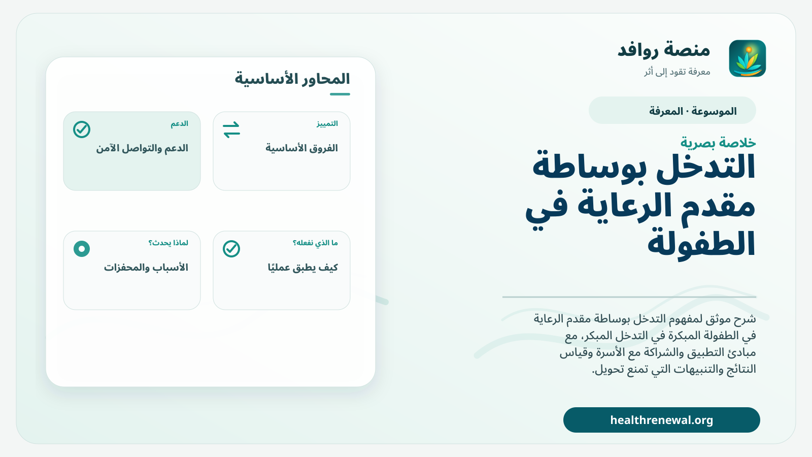 صورة بارزة من منصة روافد تلخص «التدخل بوساطة مقدم الرعاية في الطفولة المبكرة» بصريًا وفق محاور الصفحة الأساسية